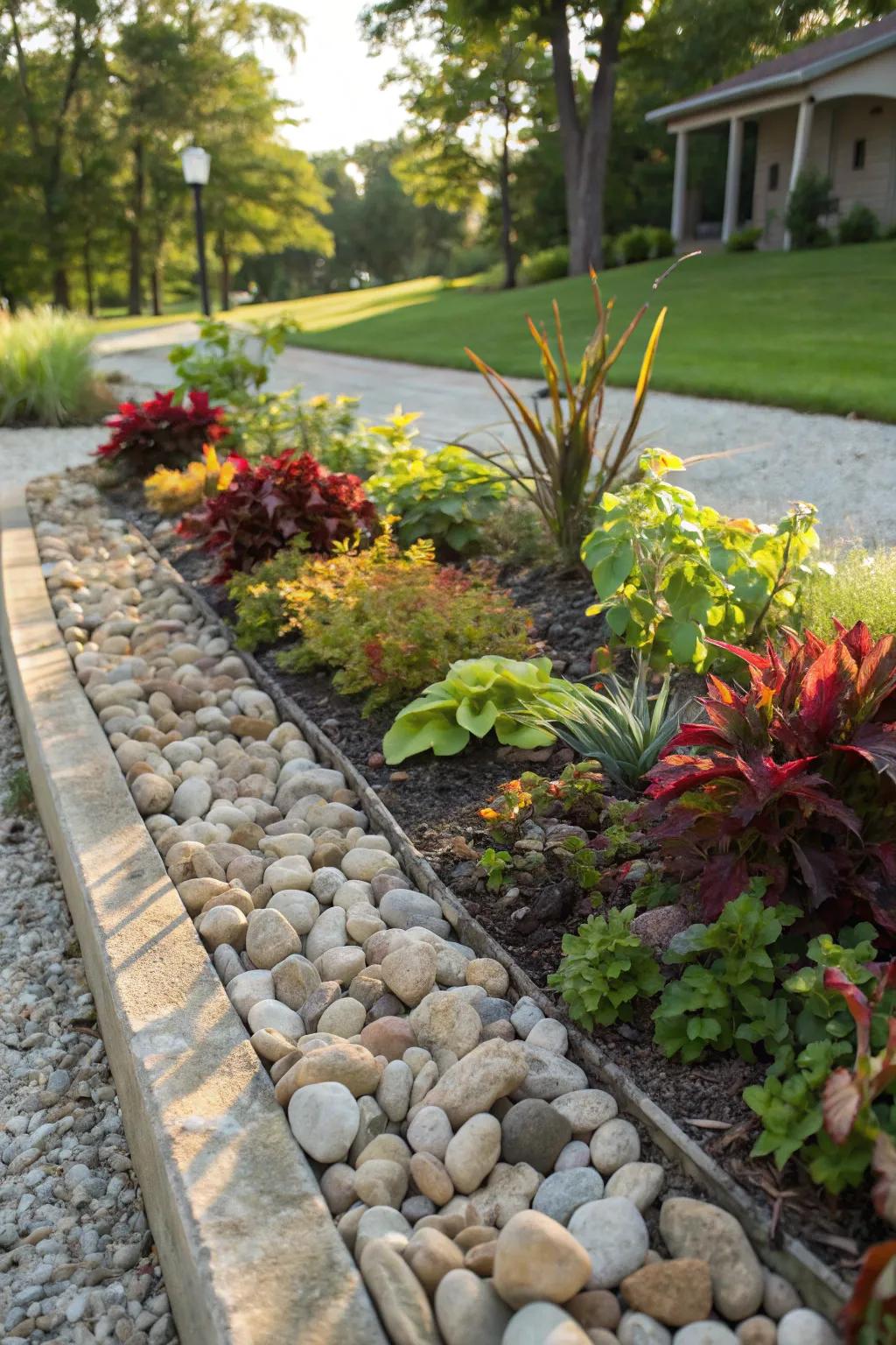 Pebble mulch adds a contemporary look and reduces maintenance.