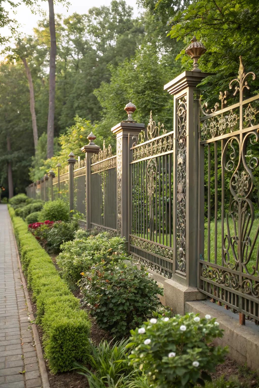 Decorative metal panels transform fences into art pieces.