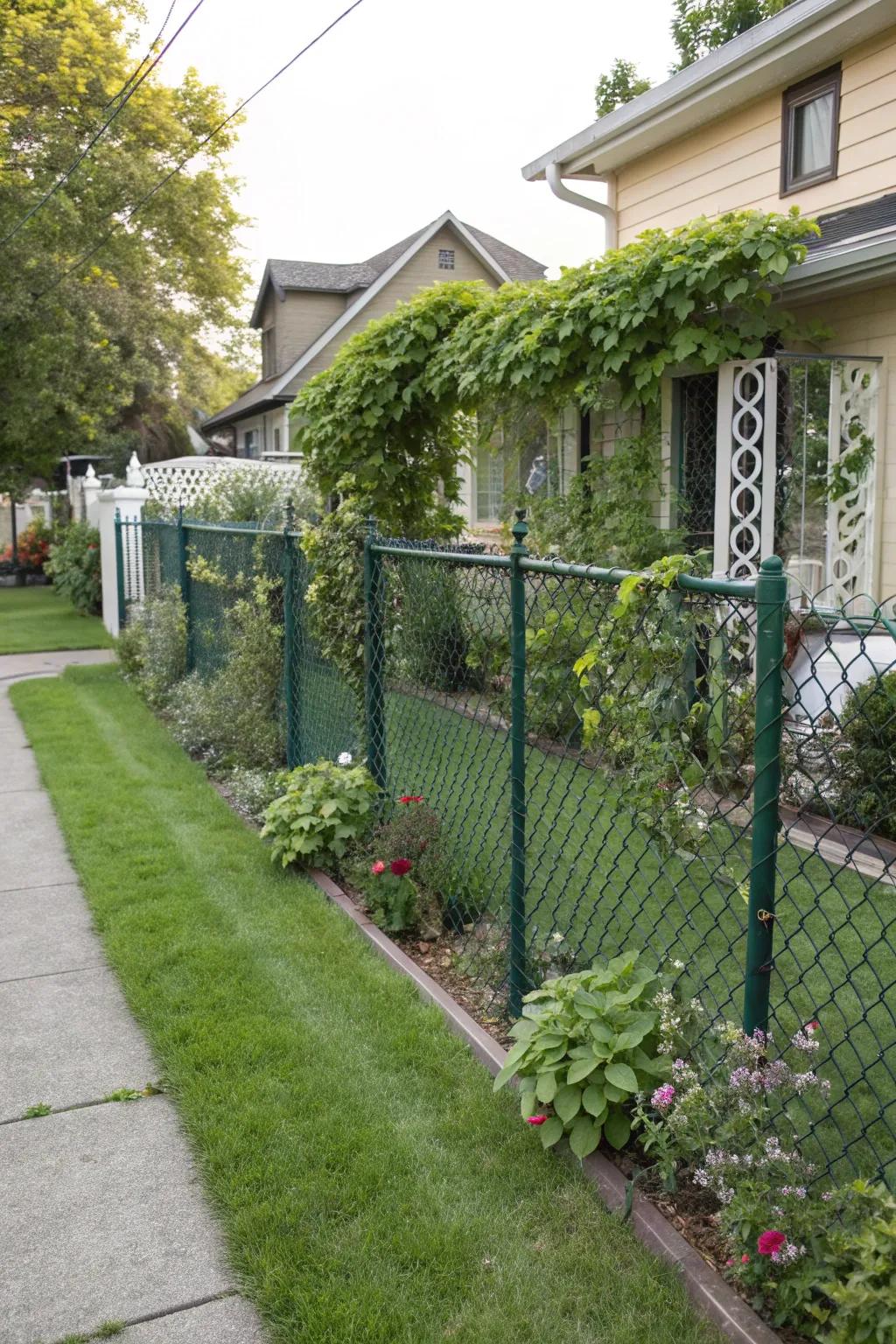 A chain link fence enhanced with natural and decorative elements.