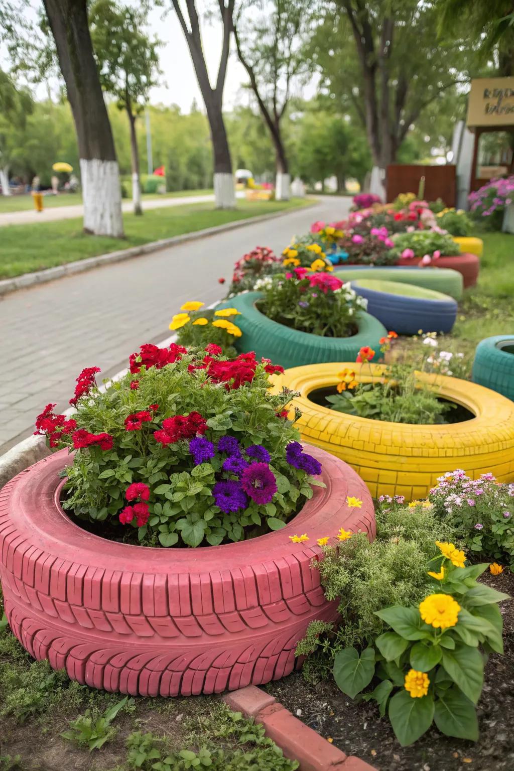 Tire planters add a pop of color and whimsy to your garden space.