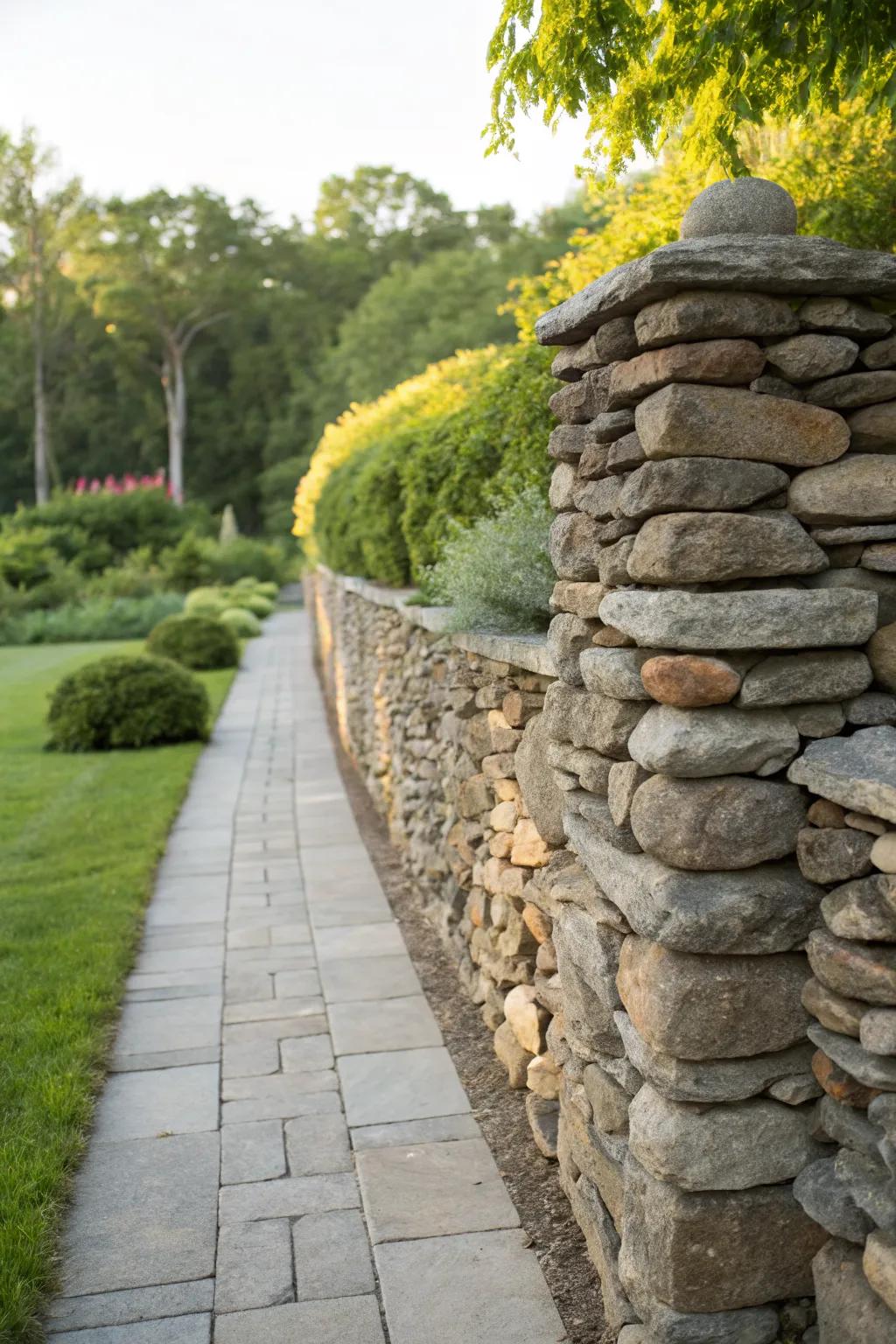 A garden wall constructed from stacked natural stones.