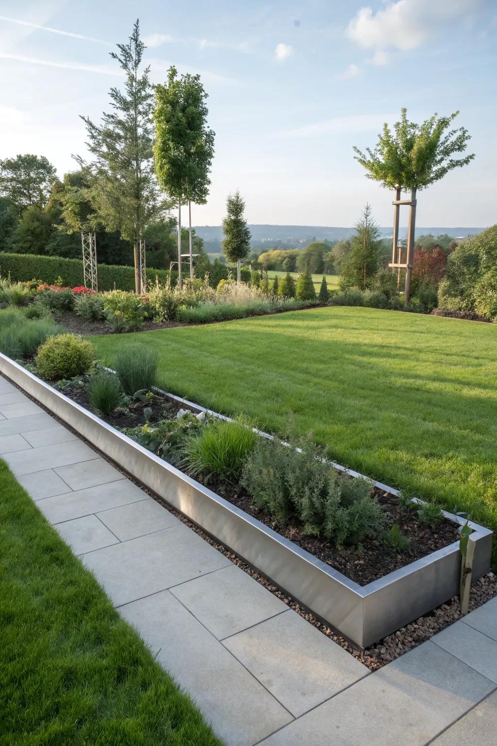 Metal and plastic edging provide a sleek, modern garden aesthetic.
