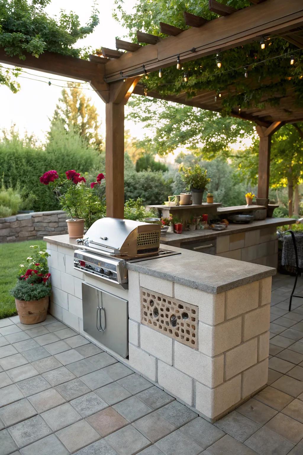 Cinder block countertops provide a sturdy and industrial look for outdoor kitchens.