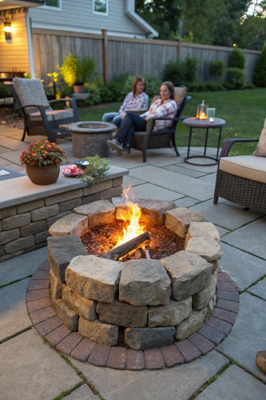 A fire pit provides warmth and a gathering spot.