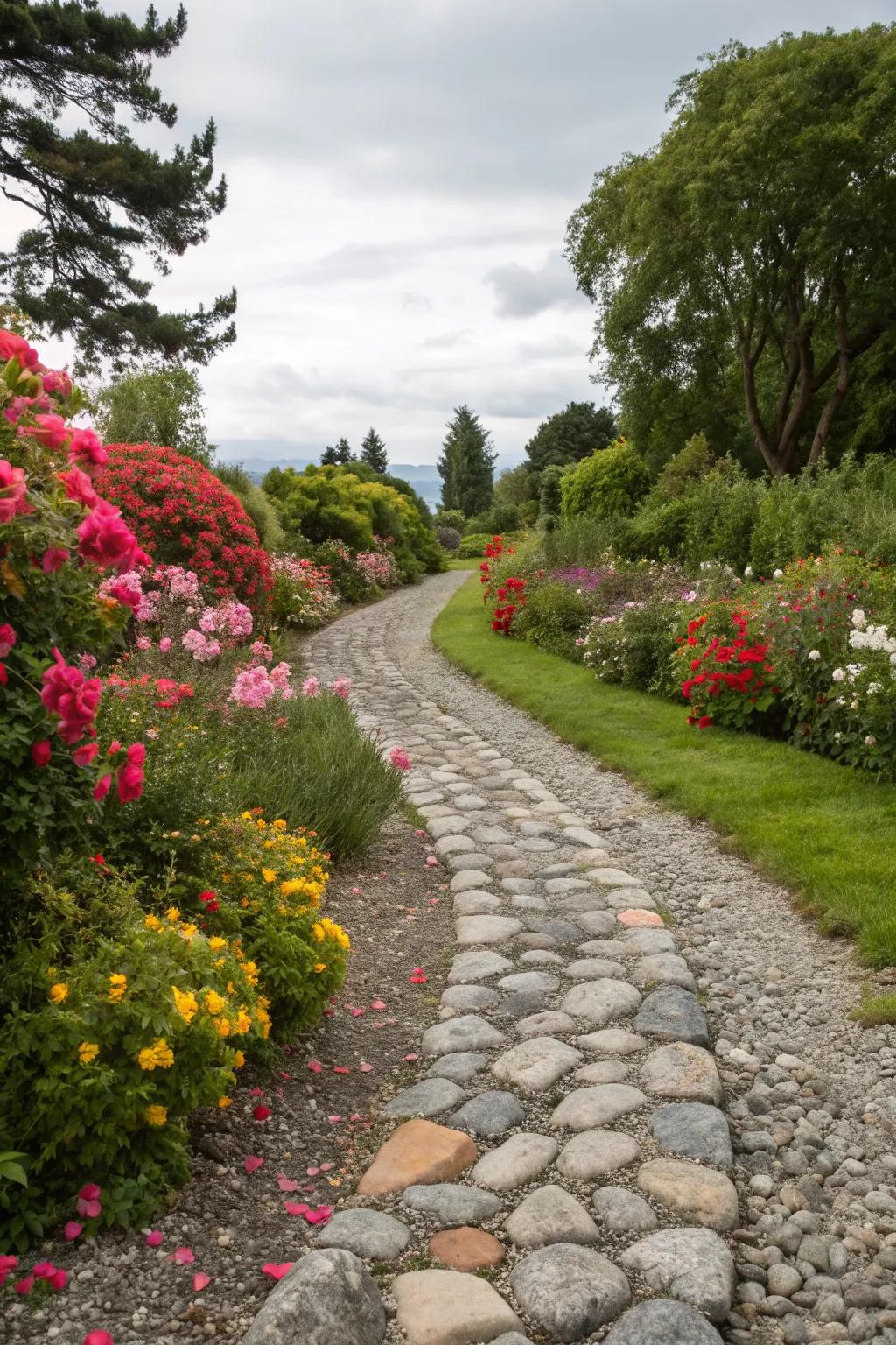 A pebble and stone mix adds texture and interest to any garden path.