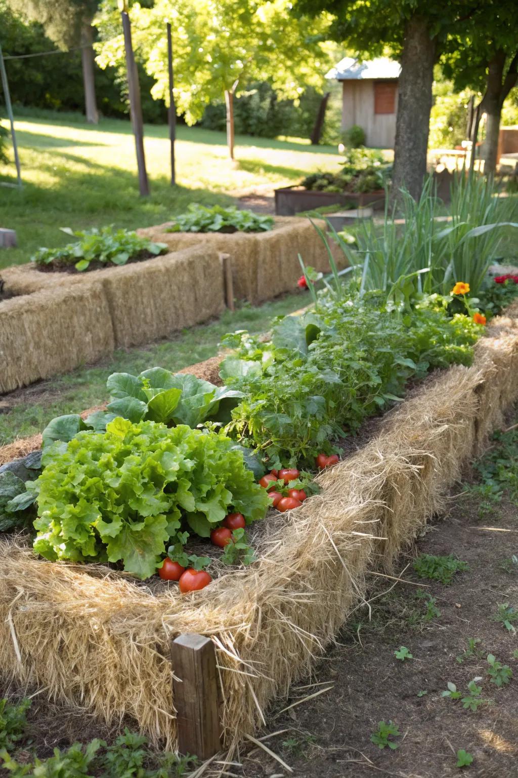 Straw bales make an affordable and compostable raised bed solution.