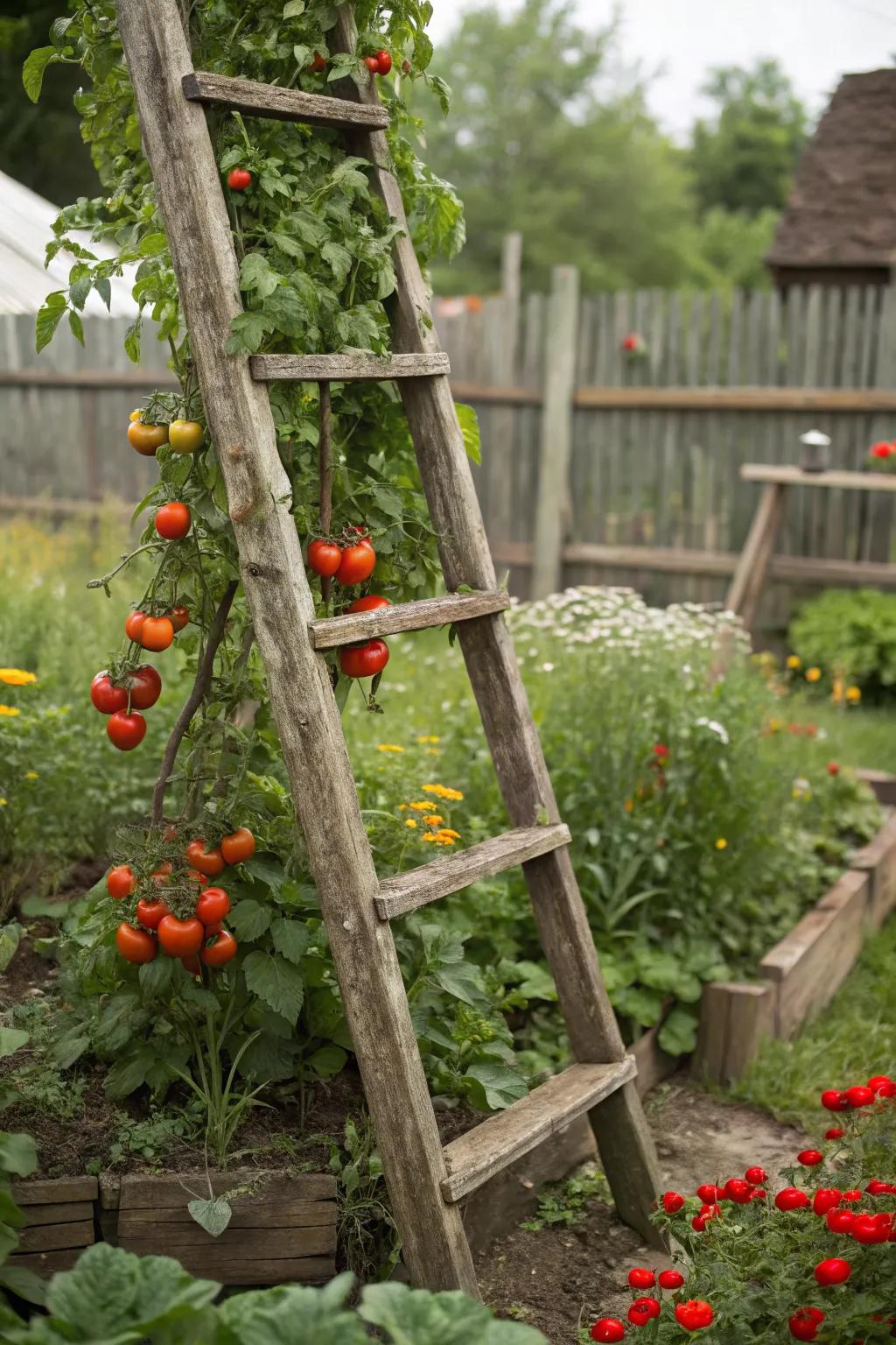 Cherry tomatoes climbing a rustic wooden ladder trellis in a cozy garden.