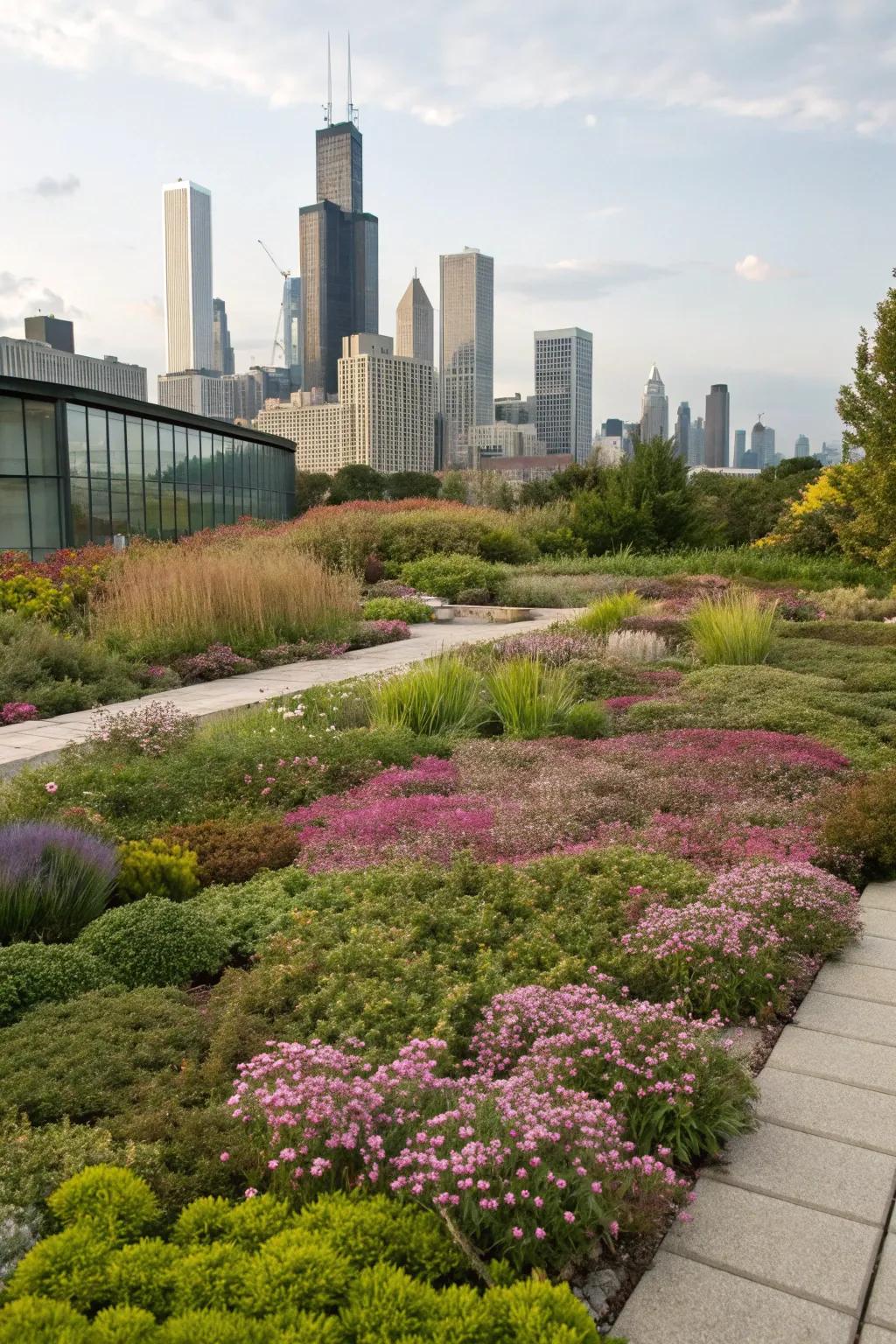 A vibrant Chicago landscape with easy-care ground covers.