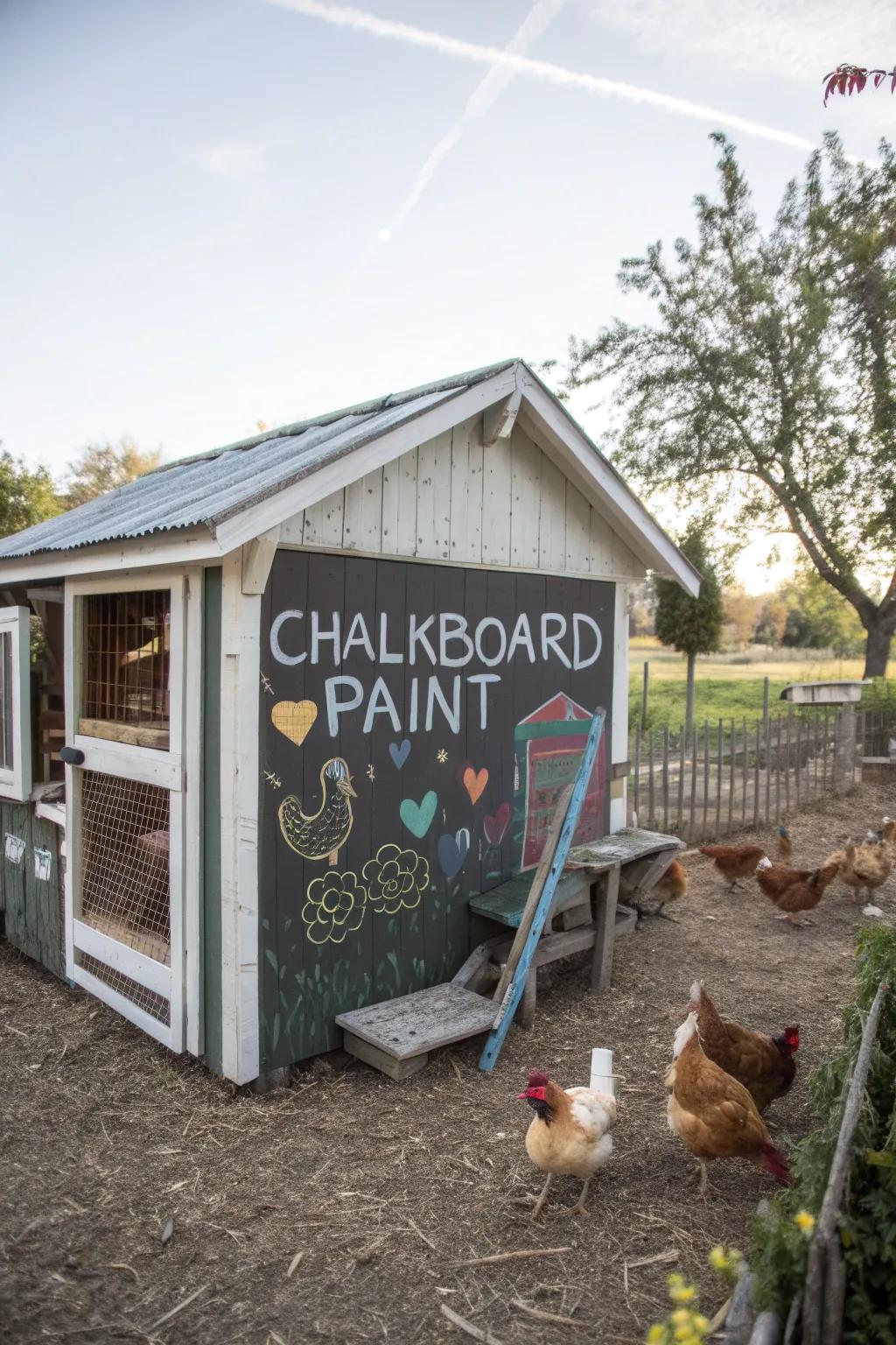 A creative chicken coop with a chalkboard paint section for fun and functionality.
