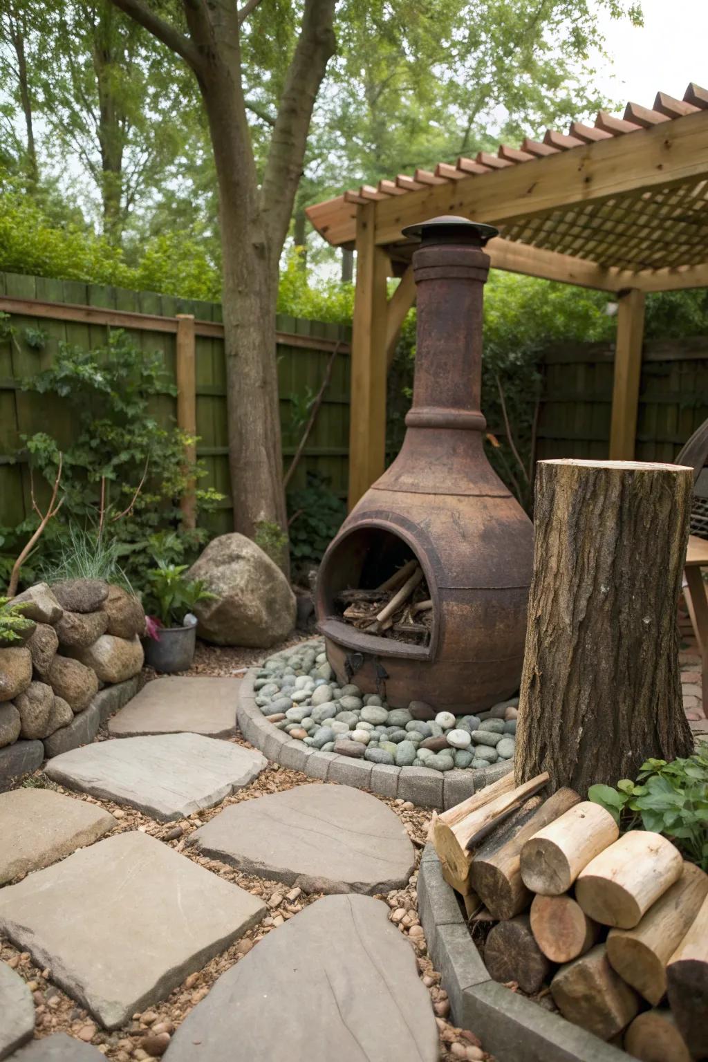 Integrate natural elements for a rustic chiminea setting.