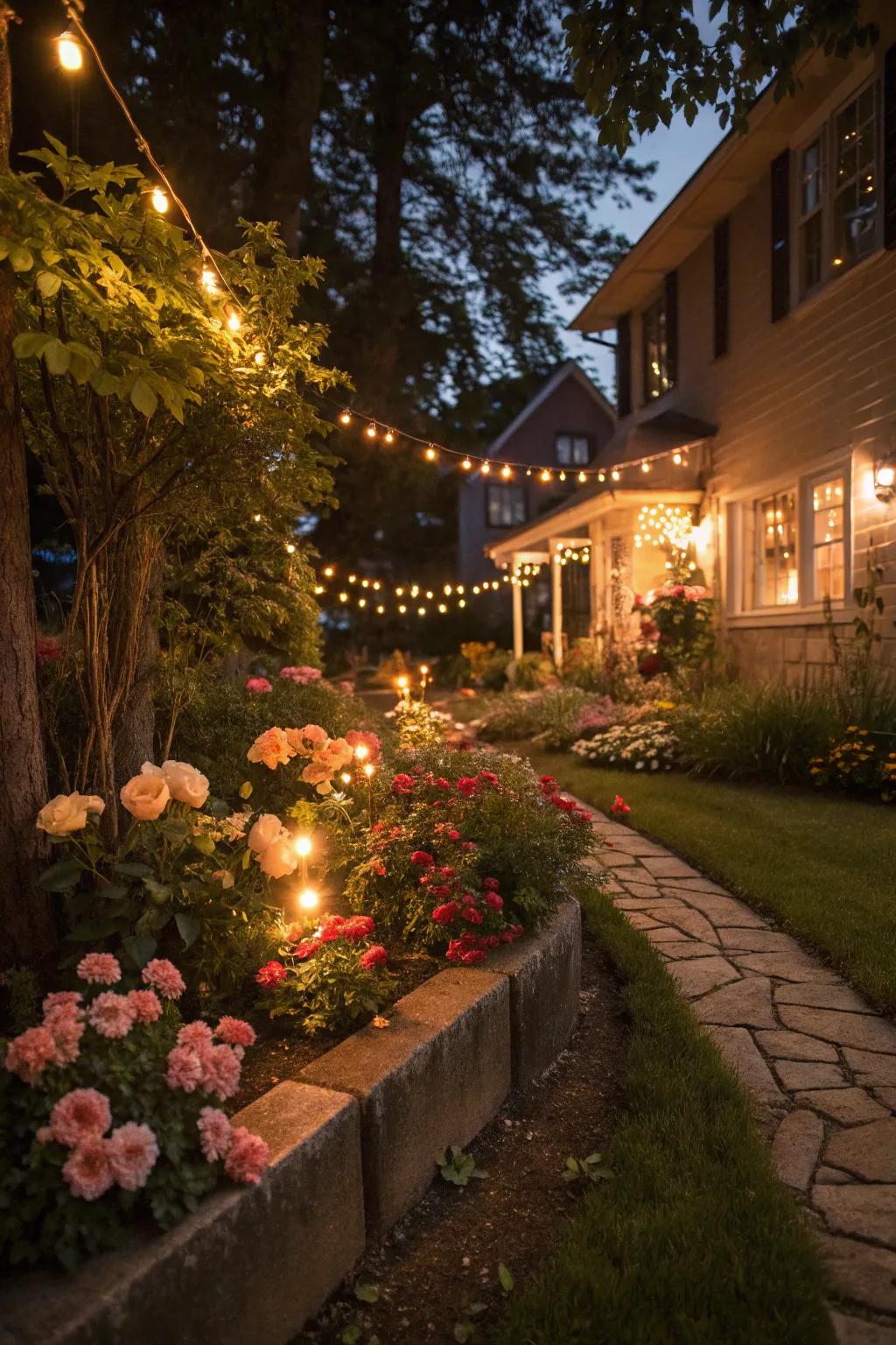Fairy lights add a magical glow to garden beds at night.