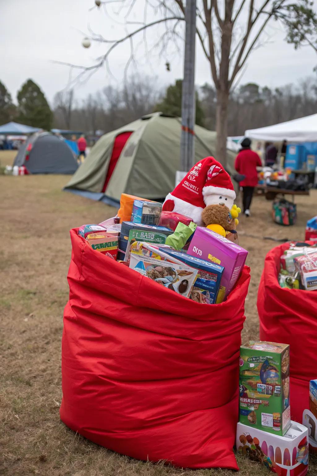 Santa's toy bag adds a whimsical touch to your campsite decor.