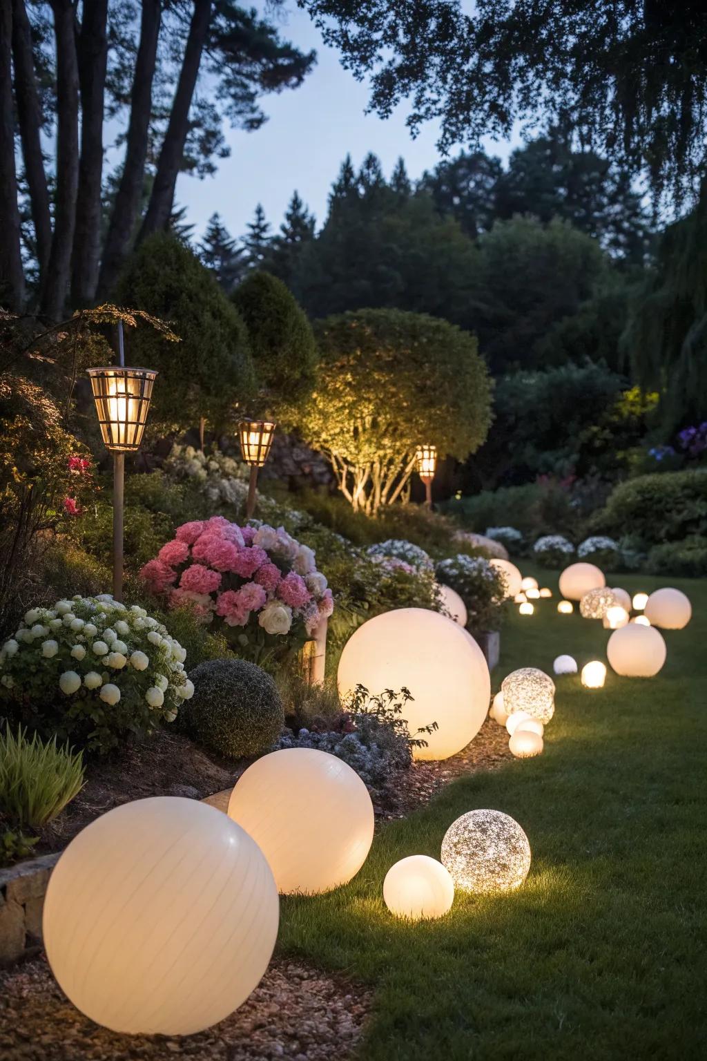 A garden featuring lighted spheres, transforming it into a nighttime attraction.