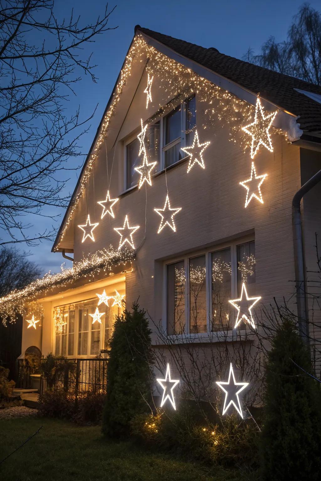 Starry night facade with star-shaped lights creating a celestial display.