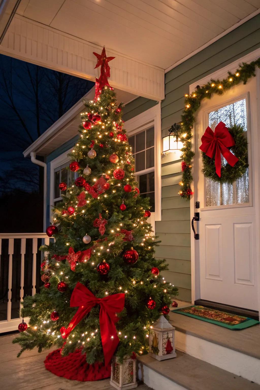Red accents bring a festive pop of color to your Christmas tree.
