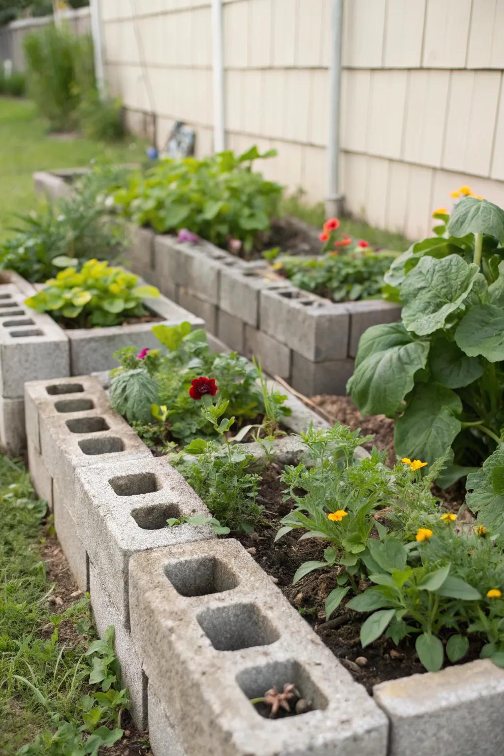 Cinder block borders neatly organize your garden and add planting space.