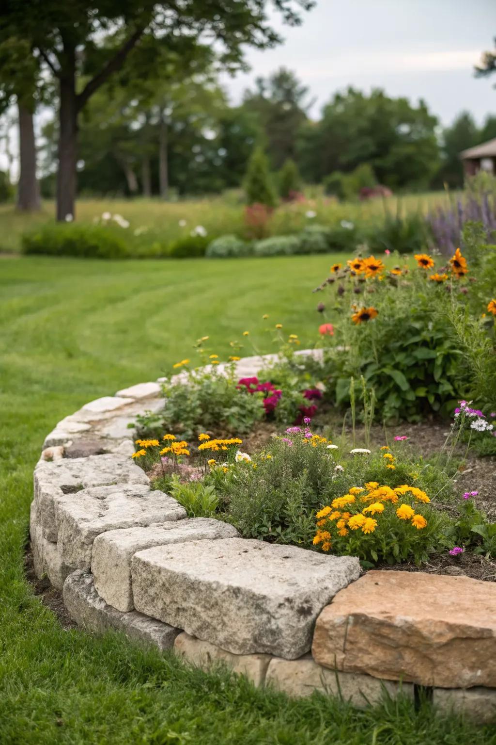A circular garden bed edged with natural stones.