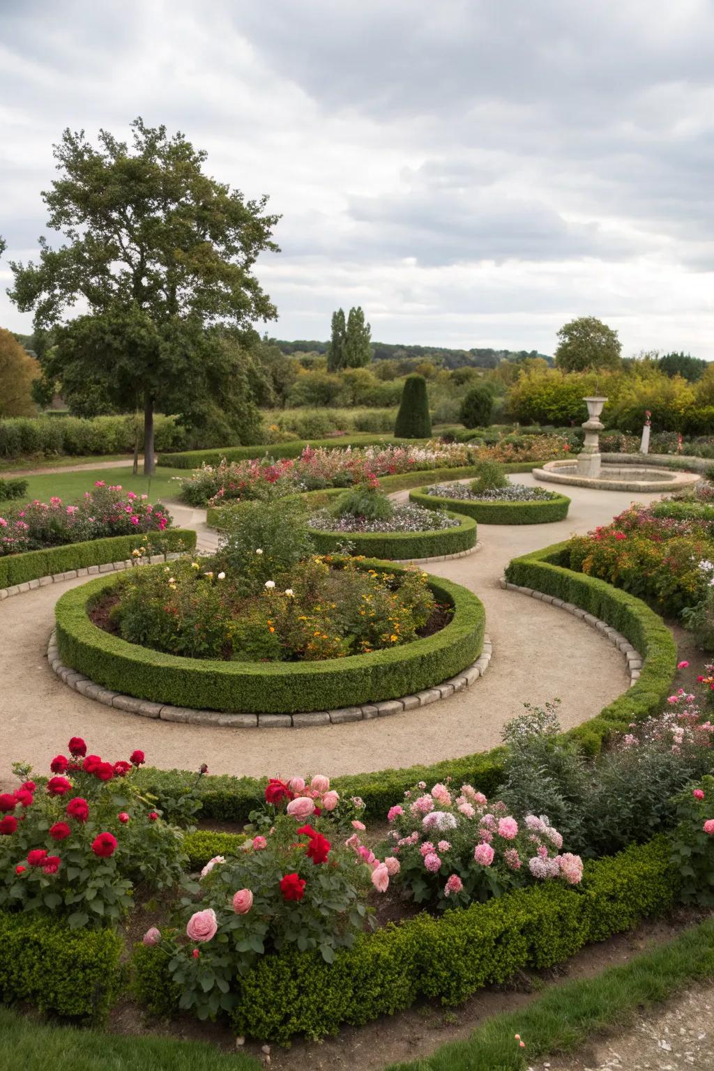 Symmetrical planting enhances harmony in a circular garden.