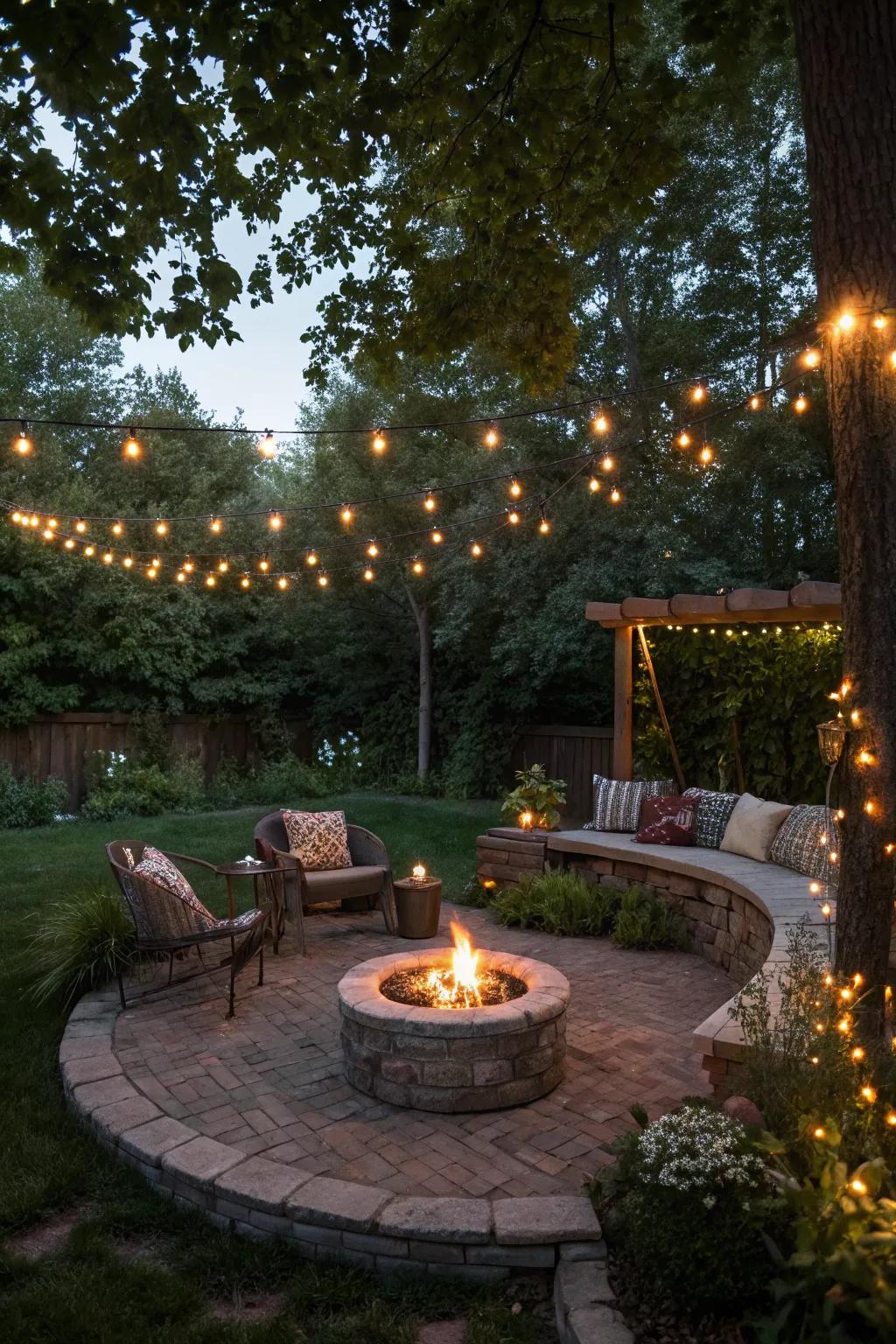 Fairy lights add a magical touch to any fire pit setting.