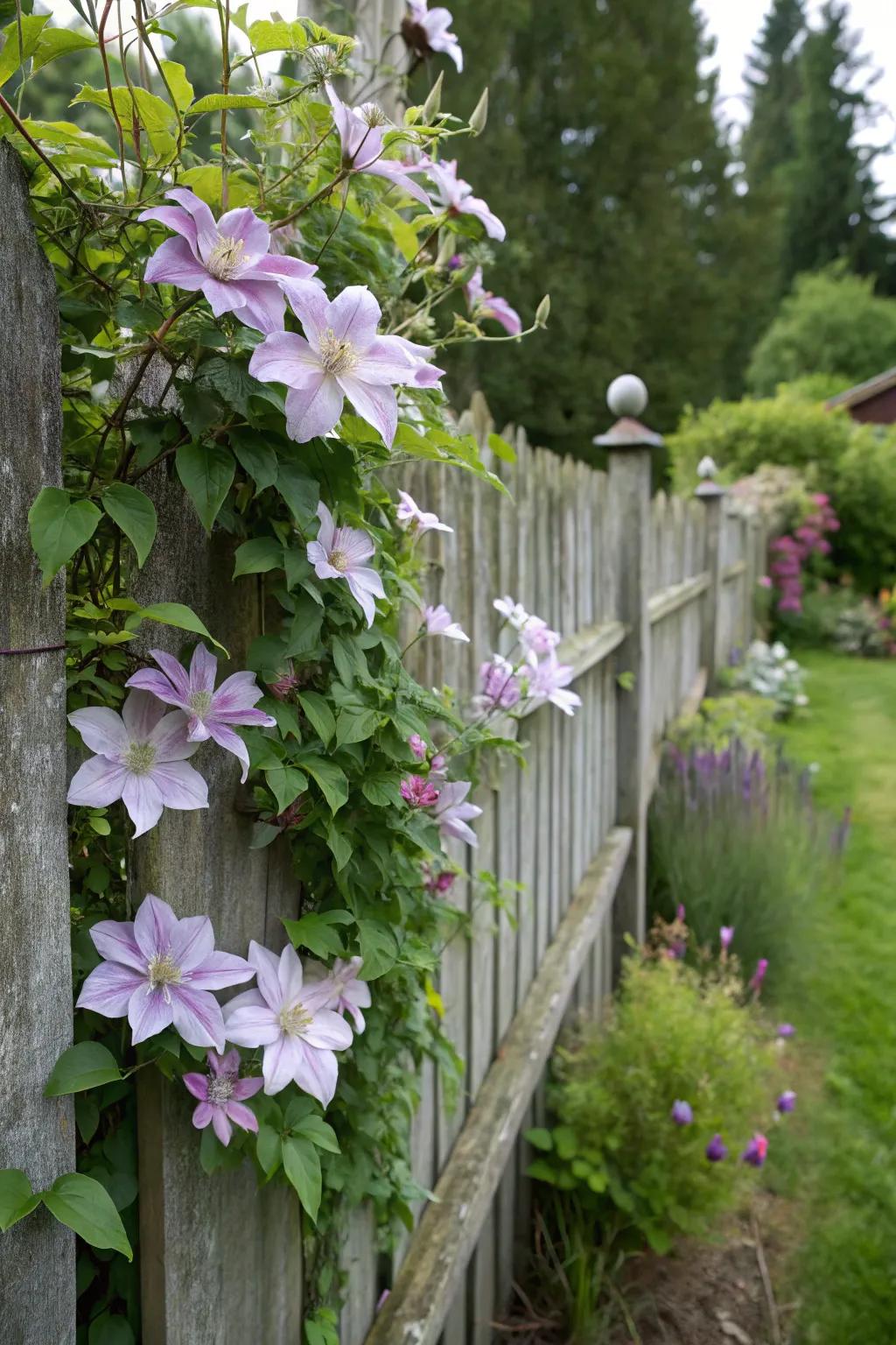 Clematis bringing life to a simple fence.