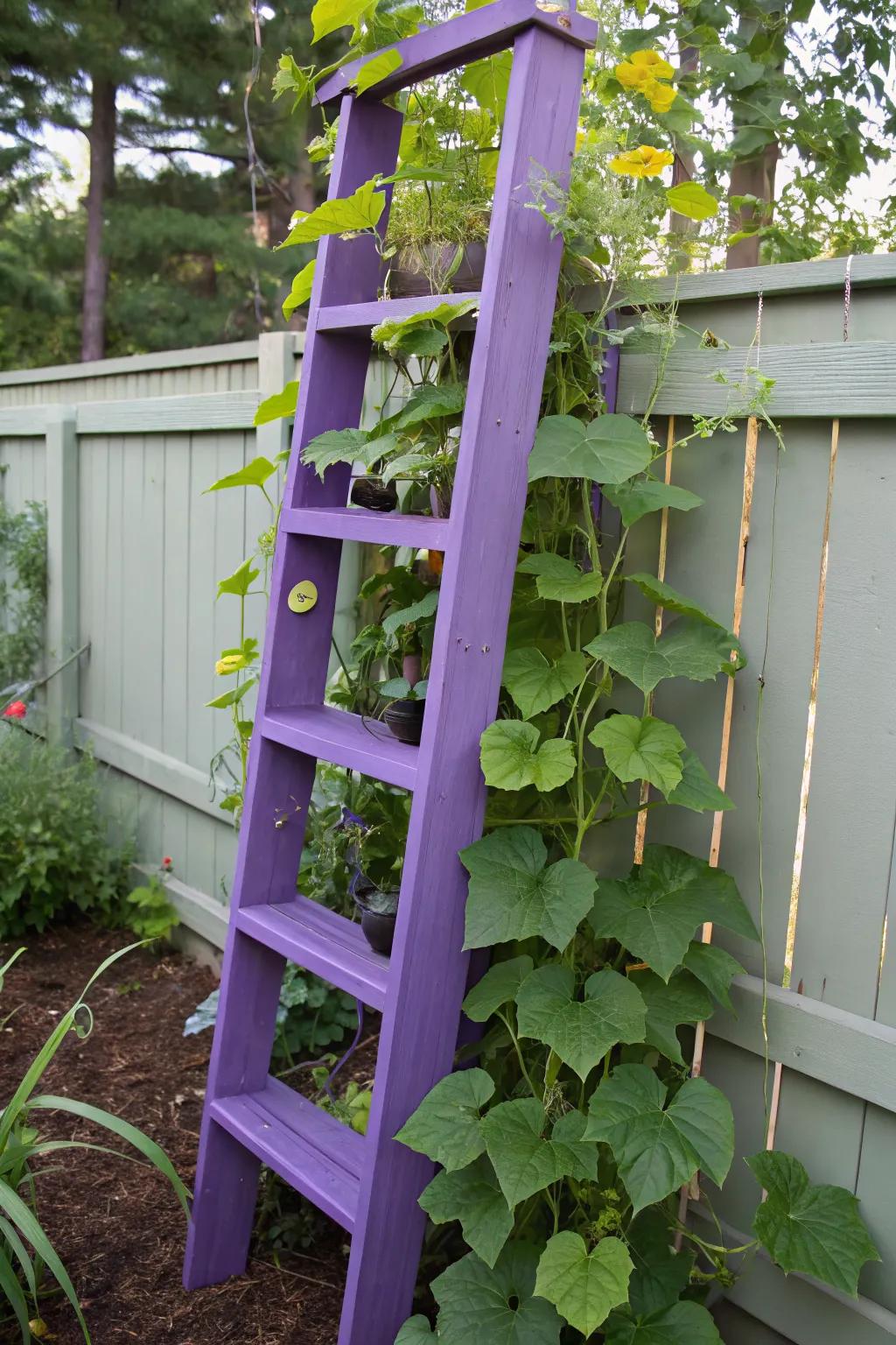 A whimsical purple trellis made from a closet organizer.