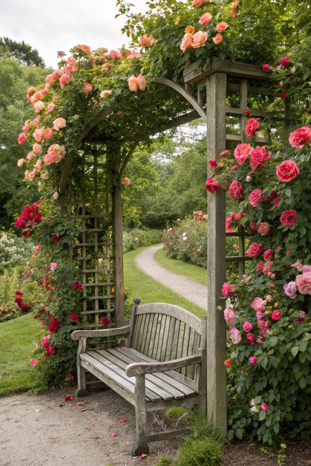 Enjoy a peaceful retreat with a bench surrounded by climbing roses.