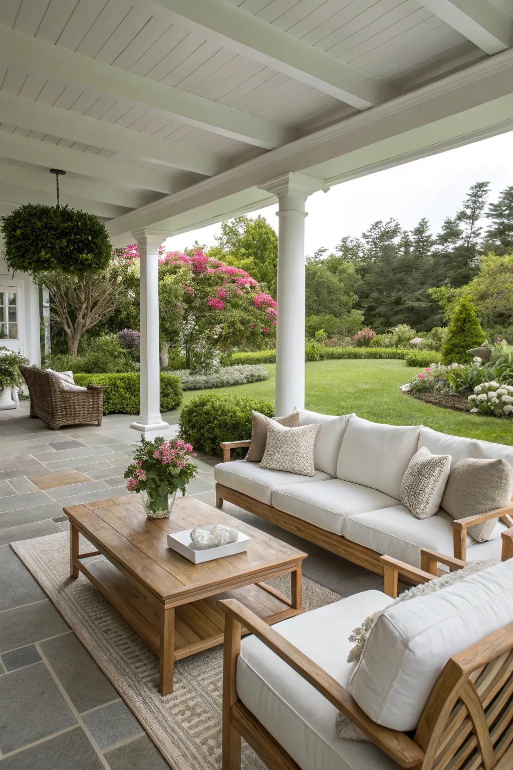 White and neutral colors enhance the airy feel of a coastal backyard.