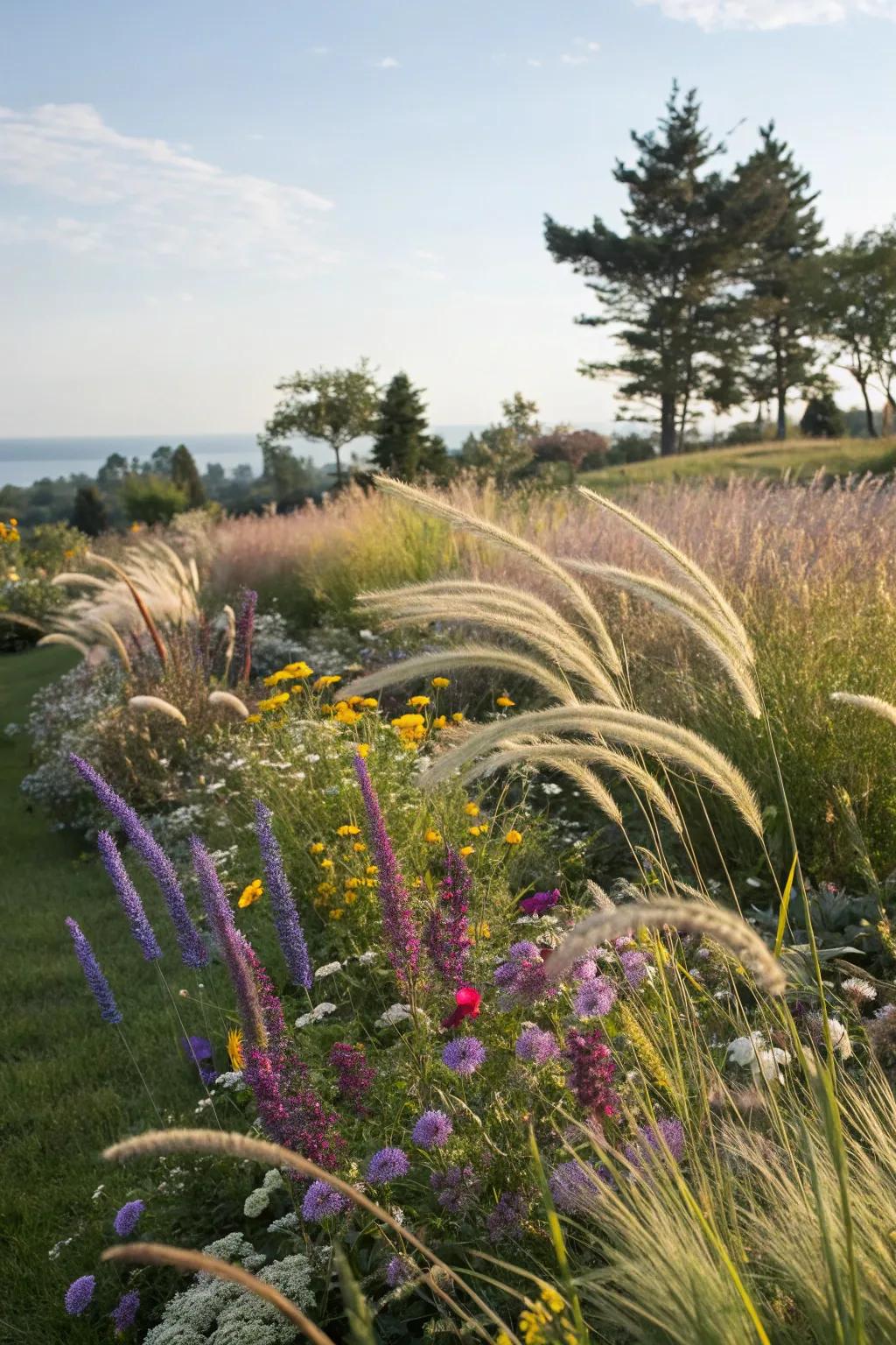 Coastal grasses creating a dynamic and naturalistic garden scene.