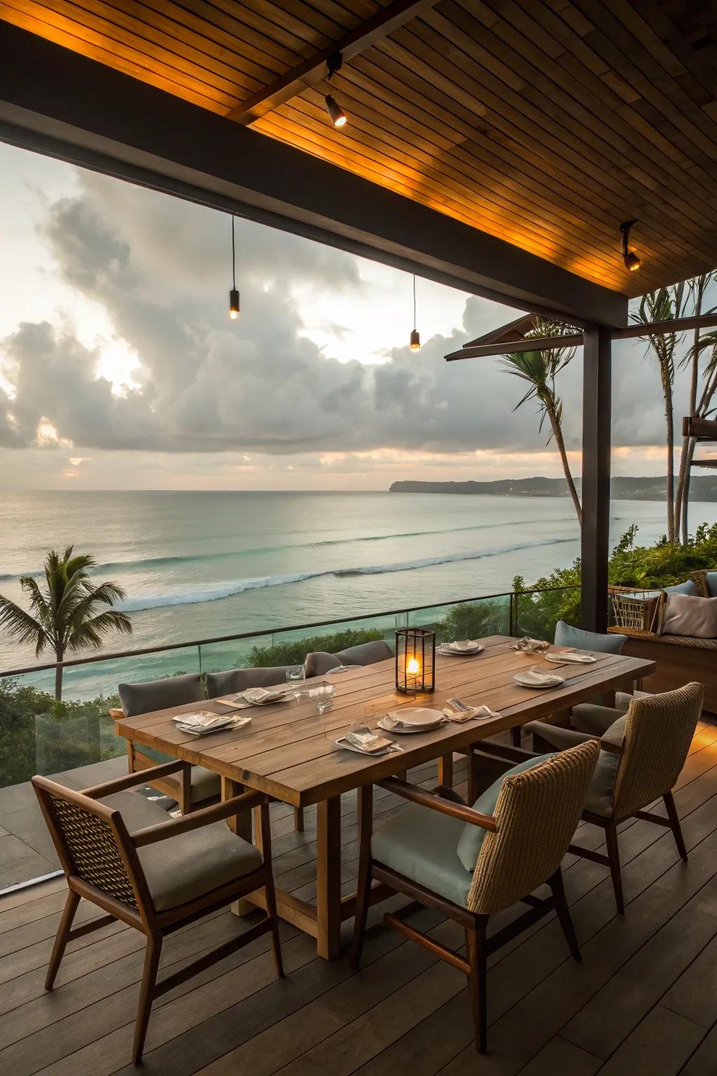 Outdoor dining setup with ocean views.