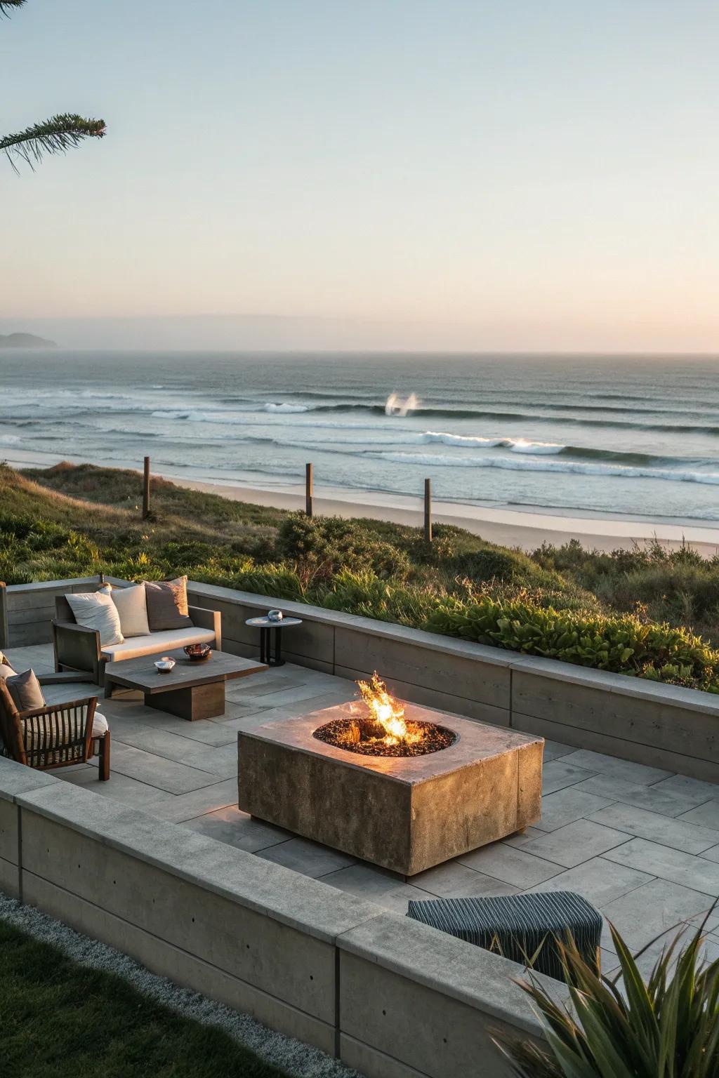 A fire pit adds warmth and ambiance to a coastal patio.