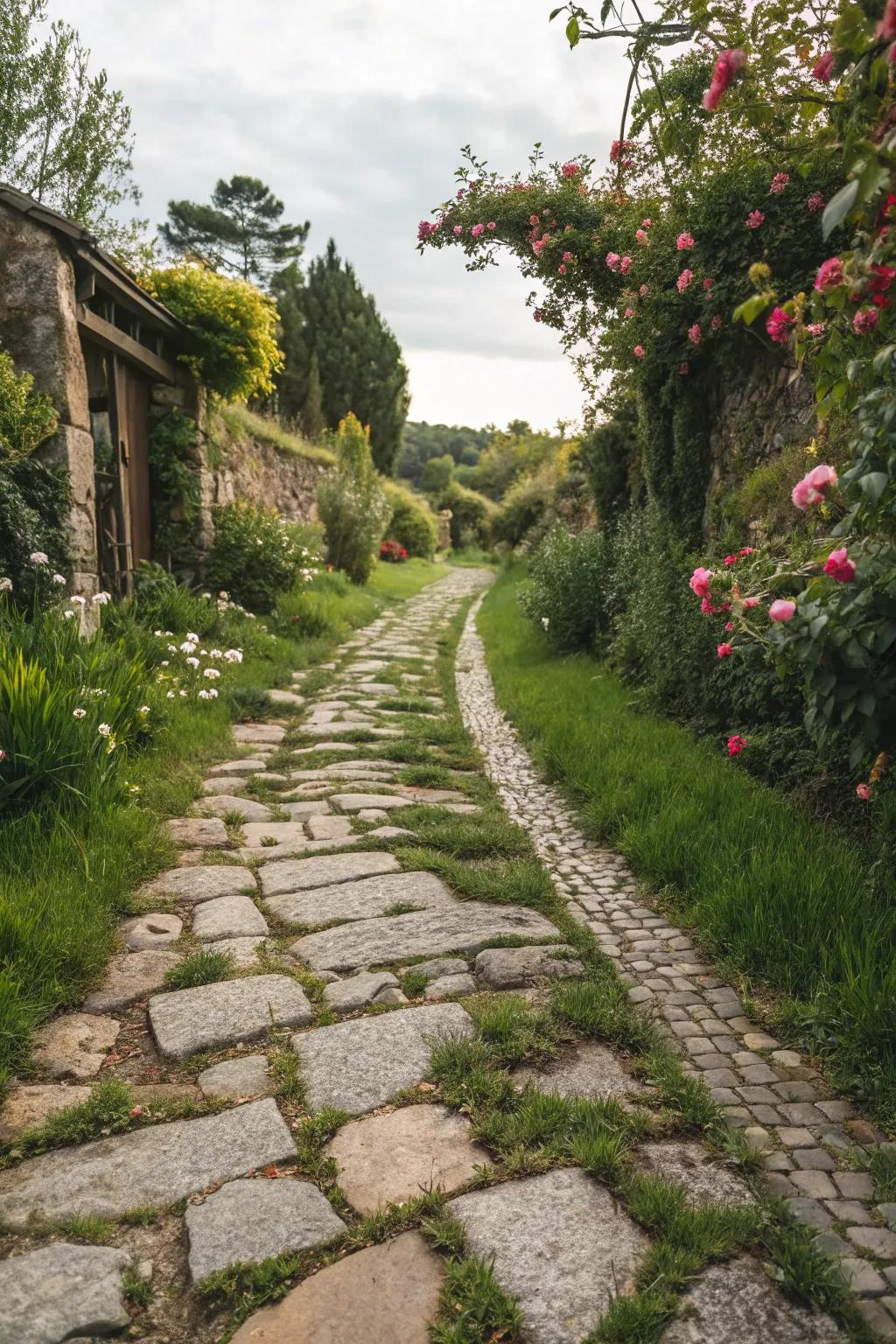 A cobblestone path with grass interspersed for a natural look.