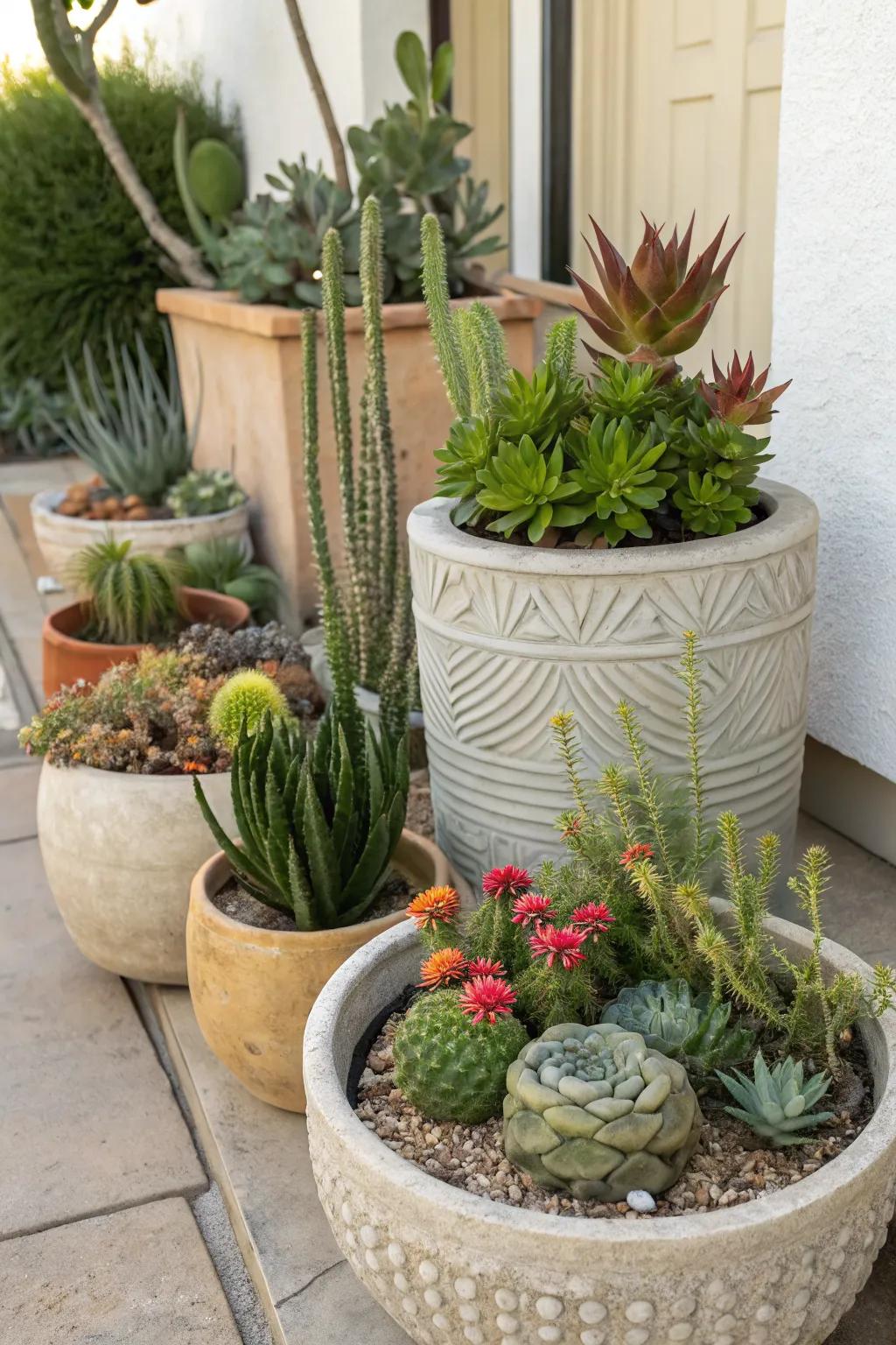 Flexible container gardening enhances a xeriscape with color and style.