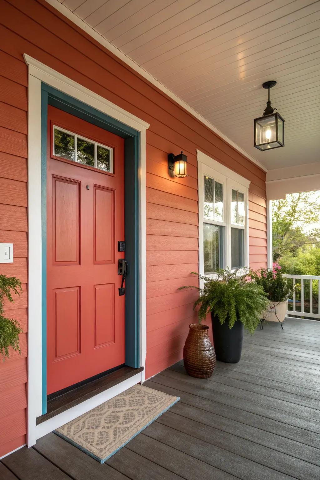 A porch featuring a boldly painted accent wall and matching door.