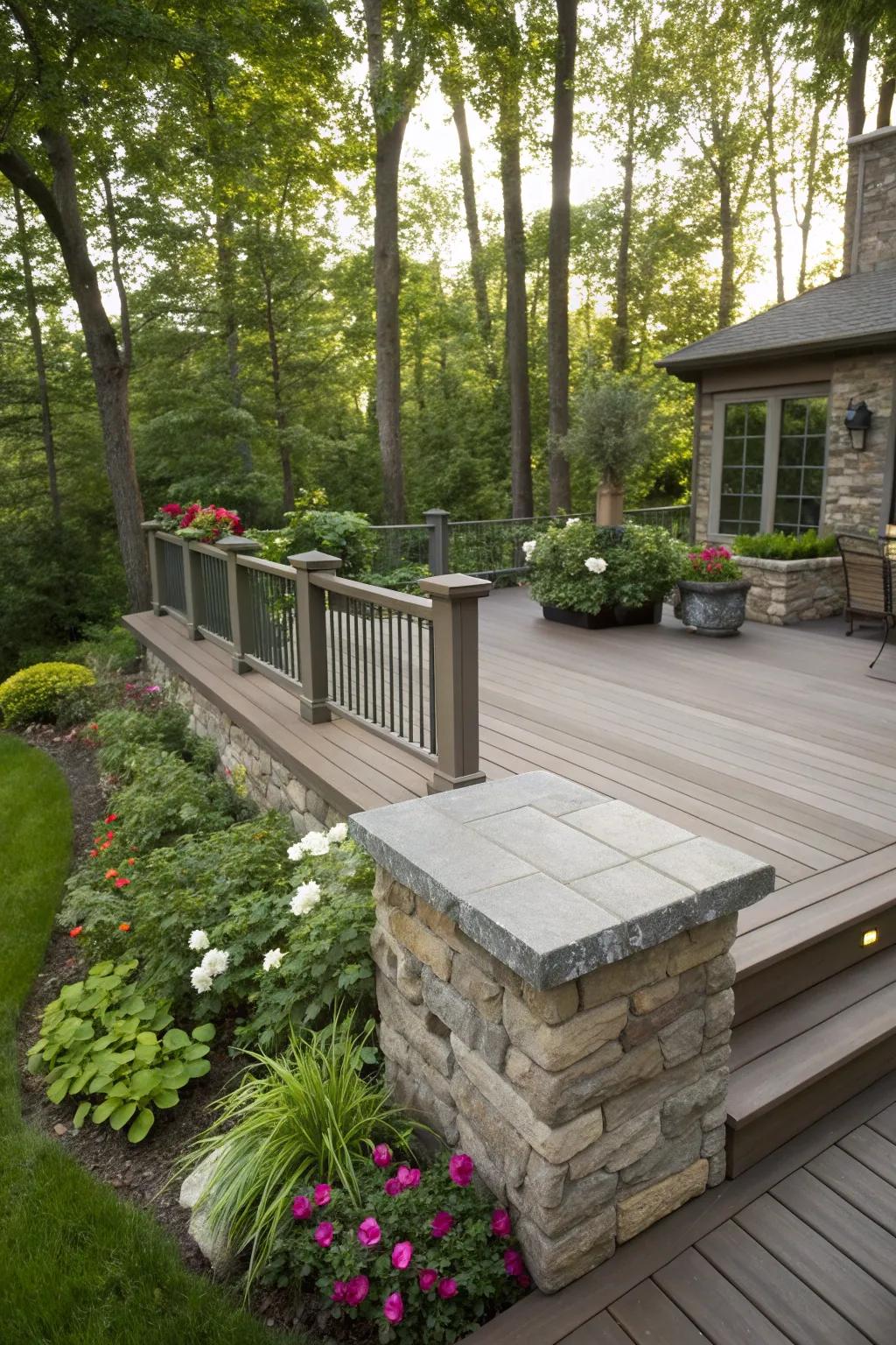 Composite deck with natural stone skirting, enhancing the tranquil garden vibe.