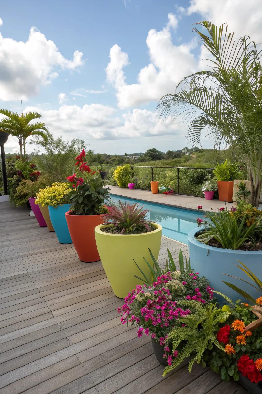 Tropical plants bring a vacation vibe to your poolside.