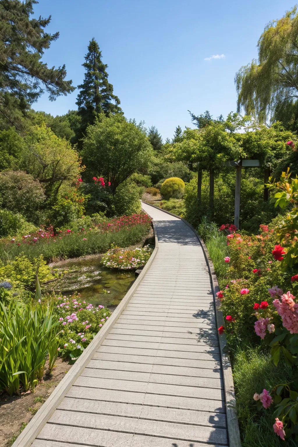 A mesmerizing floating composite walkway elevating the garden experience.