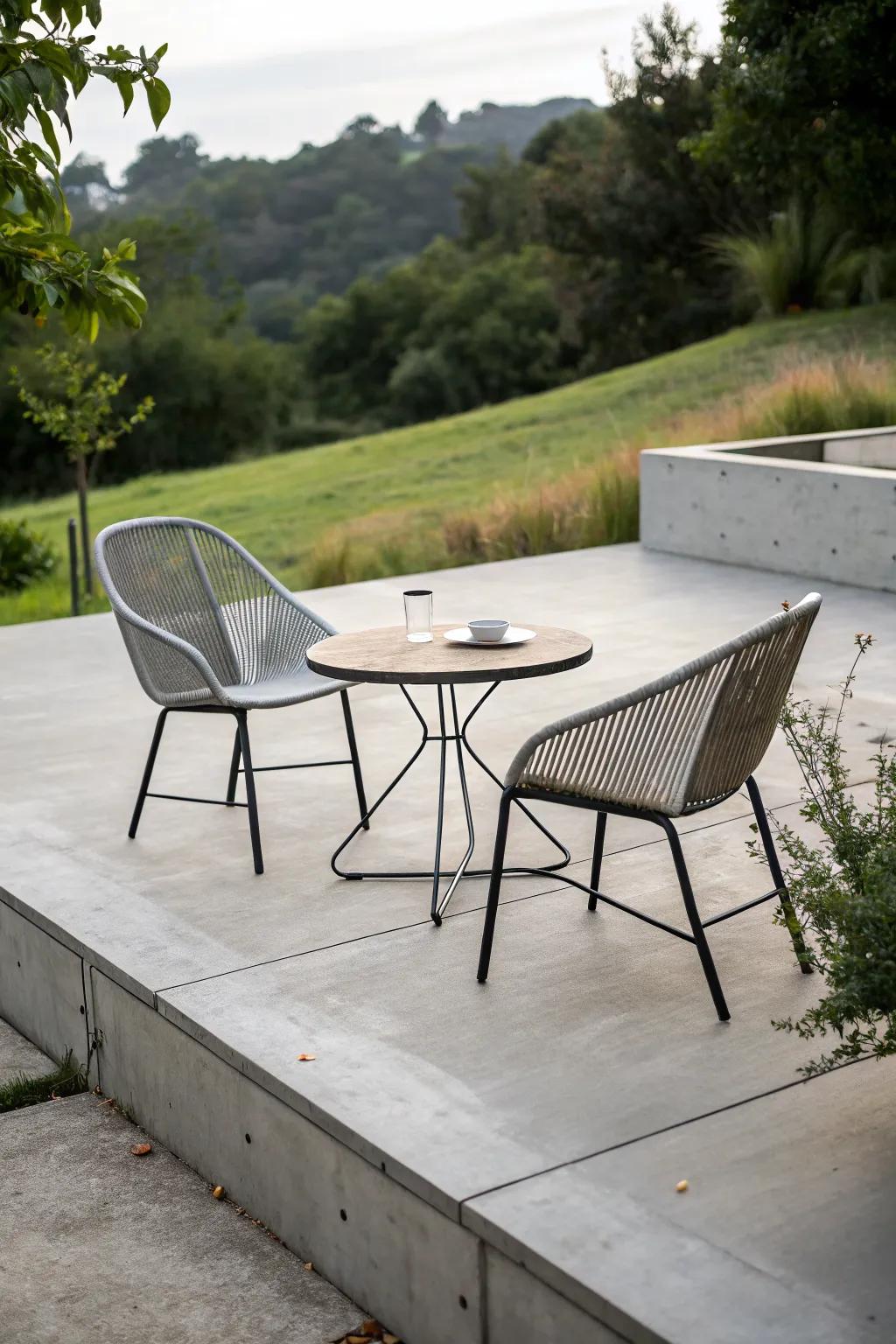 A minimalist concrete patio featuring sleek modern outdoor furniture.
