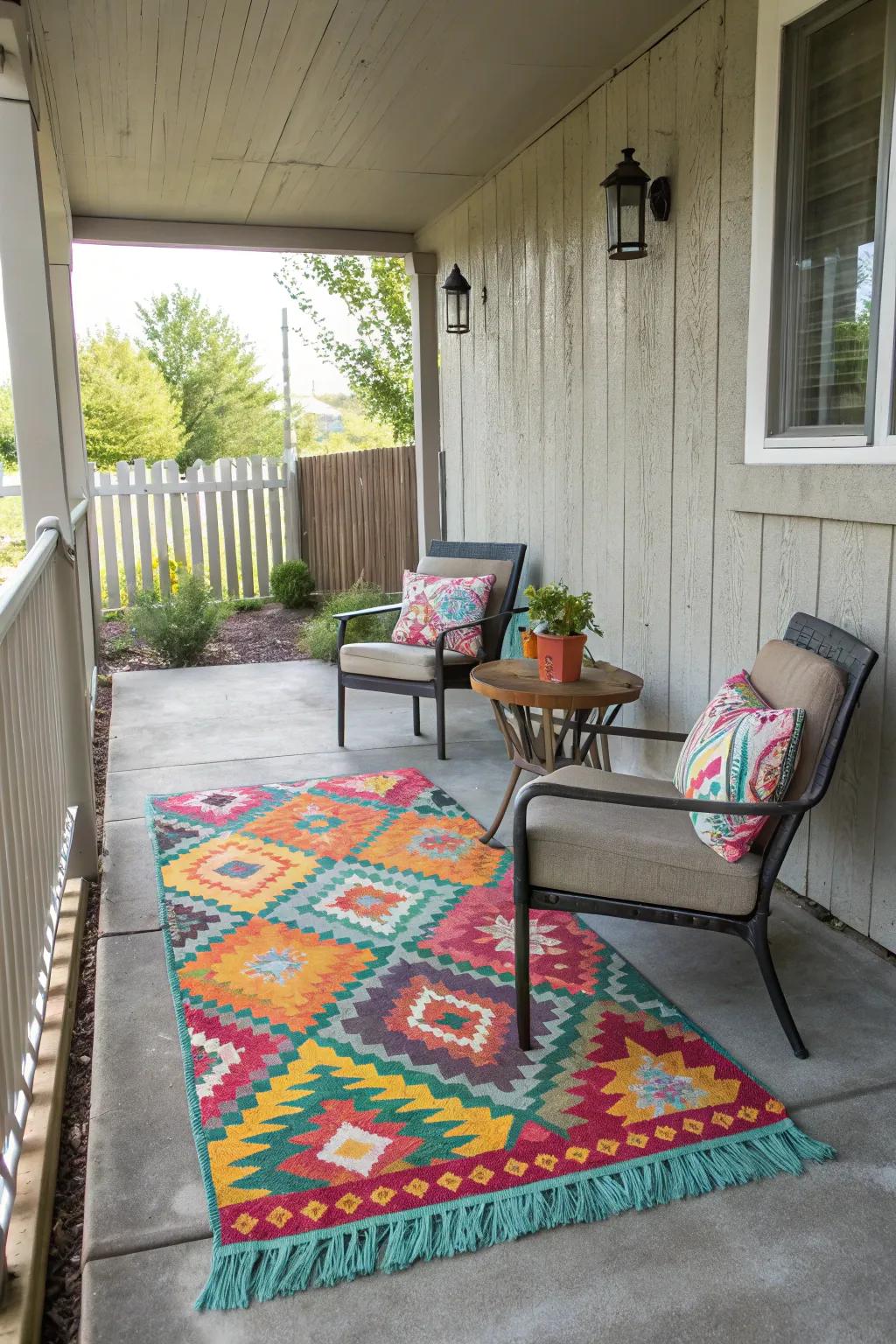 A vibrant outdoor rug adding warmth and color.