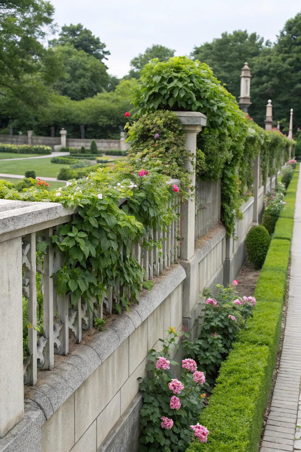 Natural elements soften the look of this concrete fence.