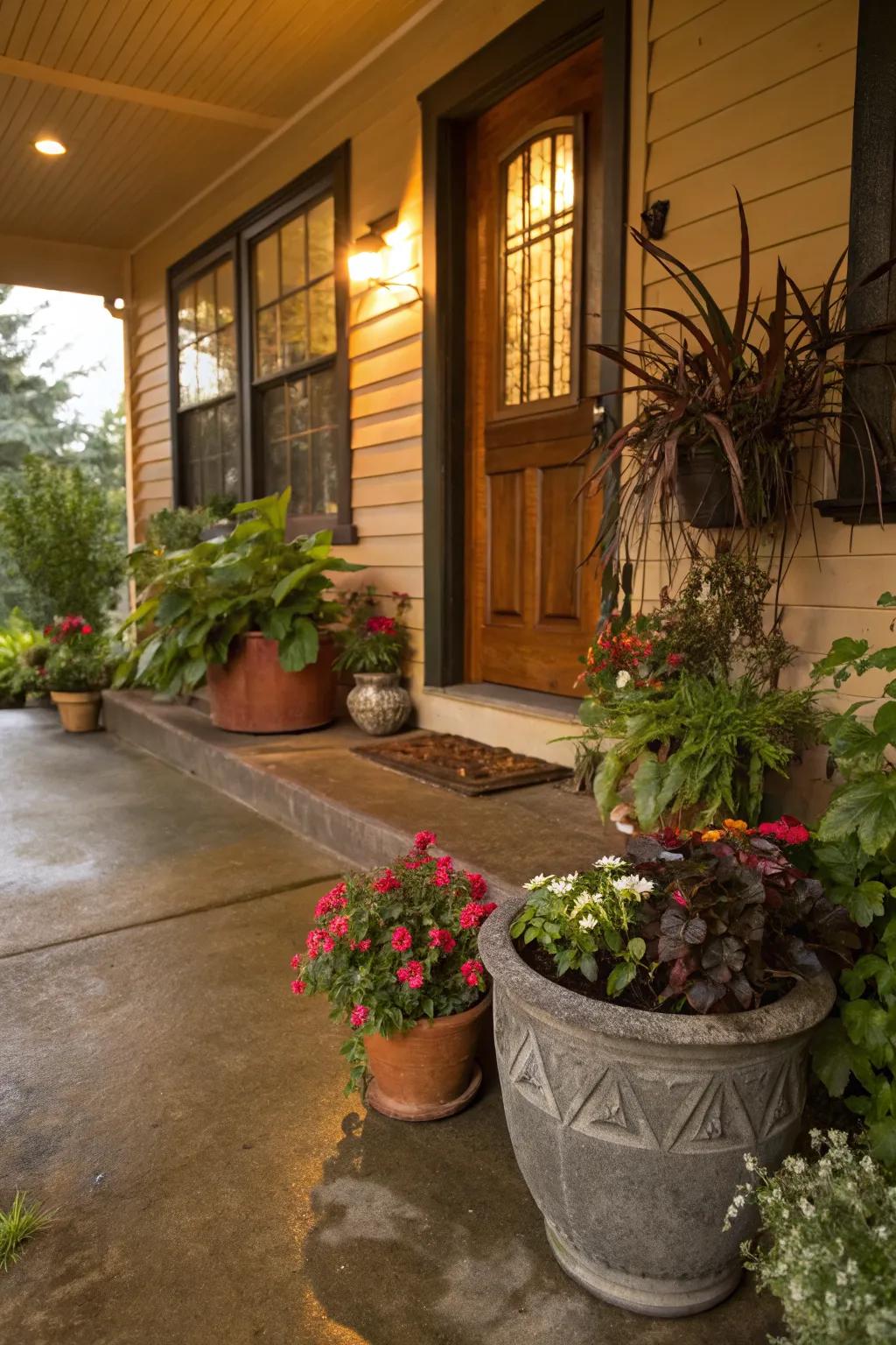 Potted plants bring life and color to your porch.