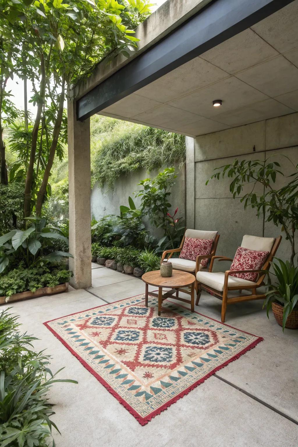 Outdoor rugs add comfort and style to defined areas on your patio.