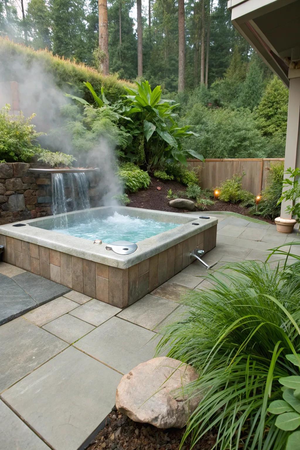 A soothing waterfall feature enhances the relaxation of a hot tub on a concrete patio.