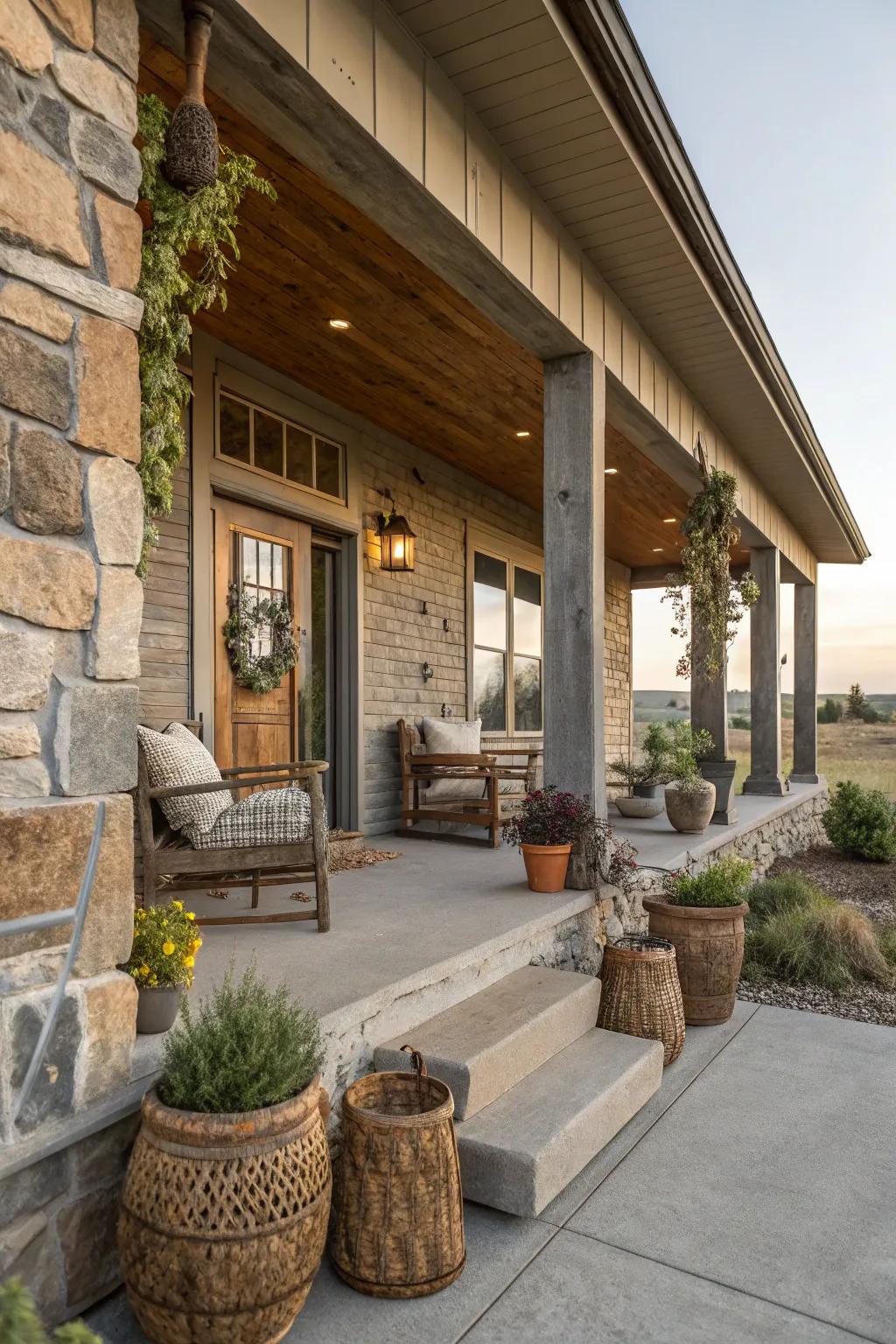 Concrete porch with charming rustic stone elements.