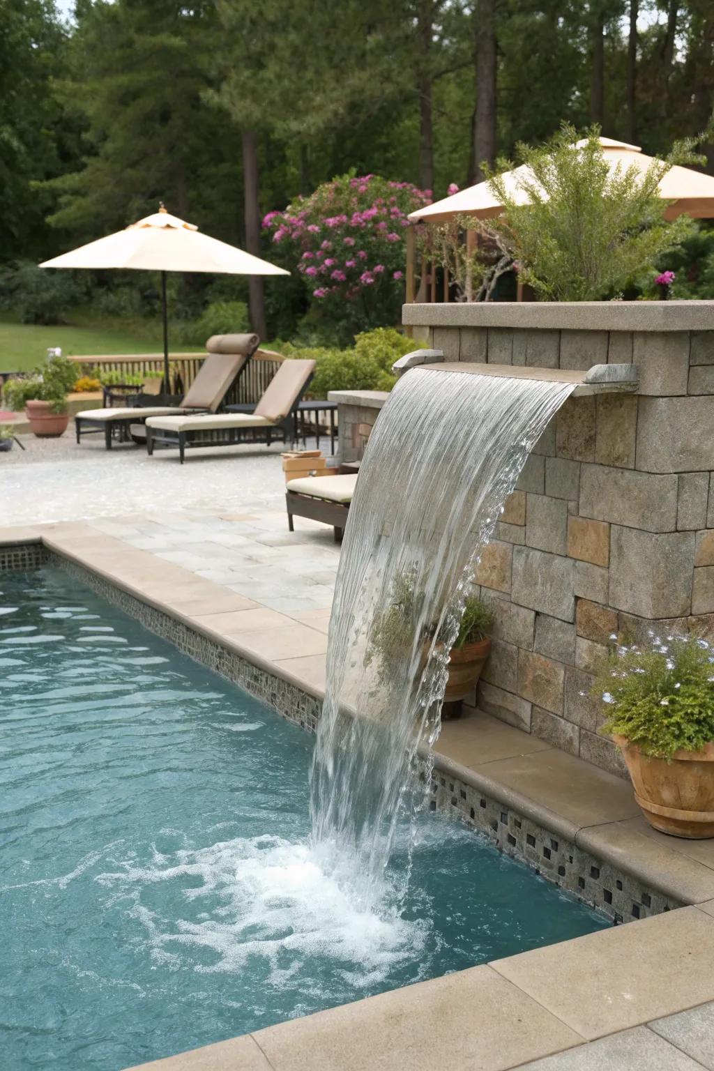 A poolside waterfall transforming a backyard into a resort-like space.