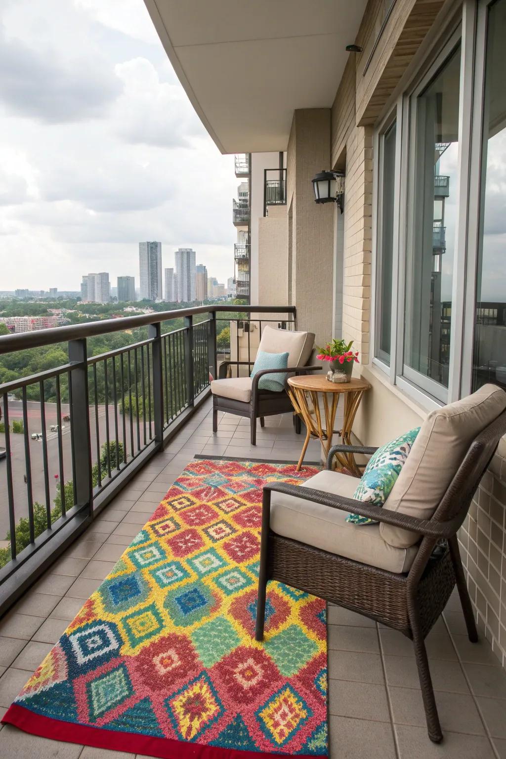 Define your balcony space with a stylish outdoor rug.