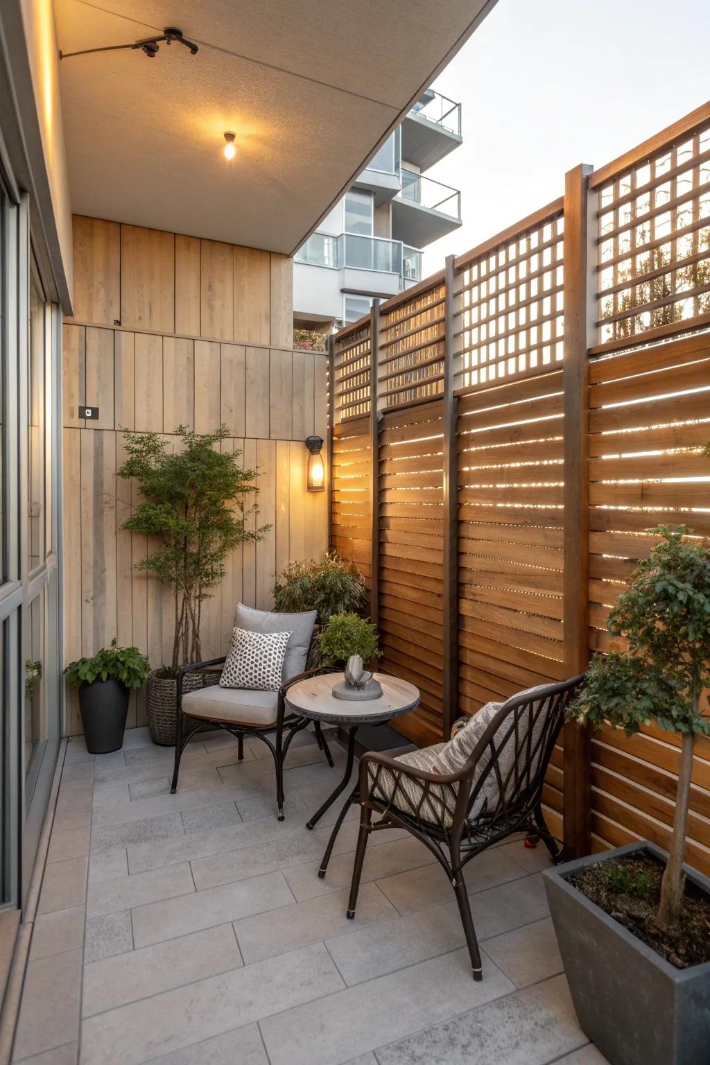 A condo patio made cozy with a stylish wooden privacy screen.