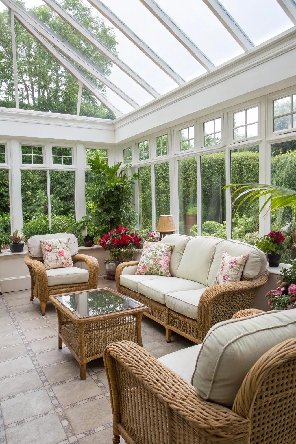 Diverse seating options for a flexible conservatory layout.