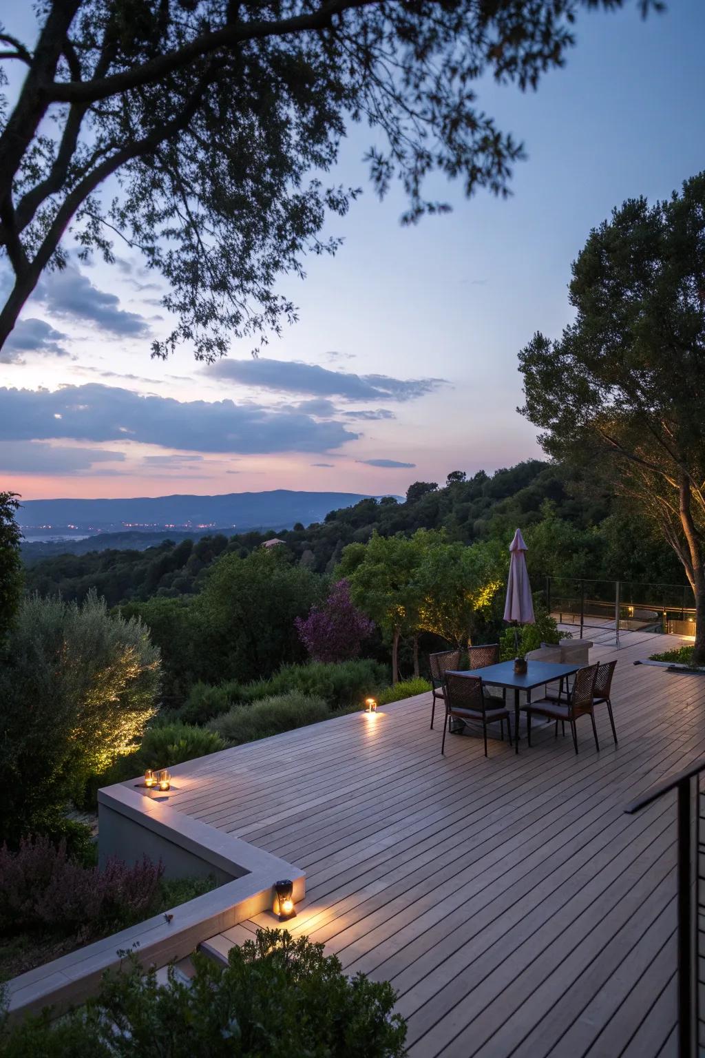 Subtle lighting creates an enchanting evening atmosphere on a deck.