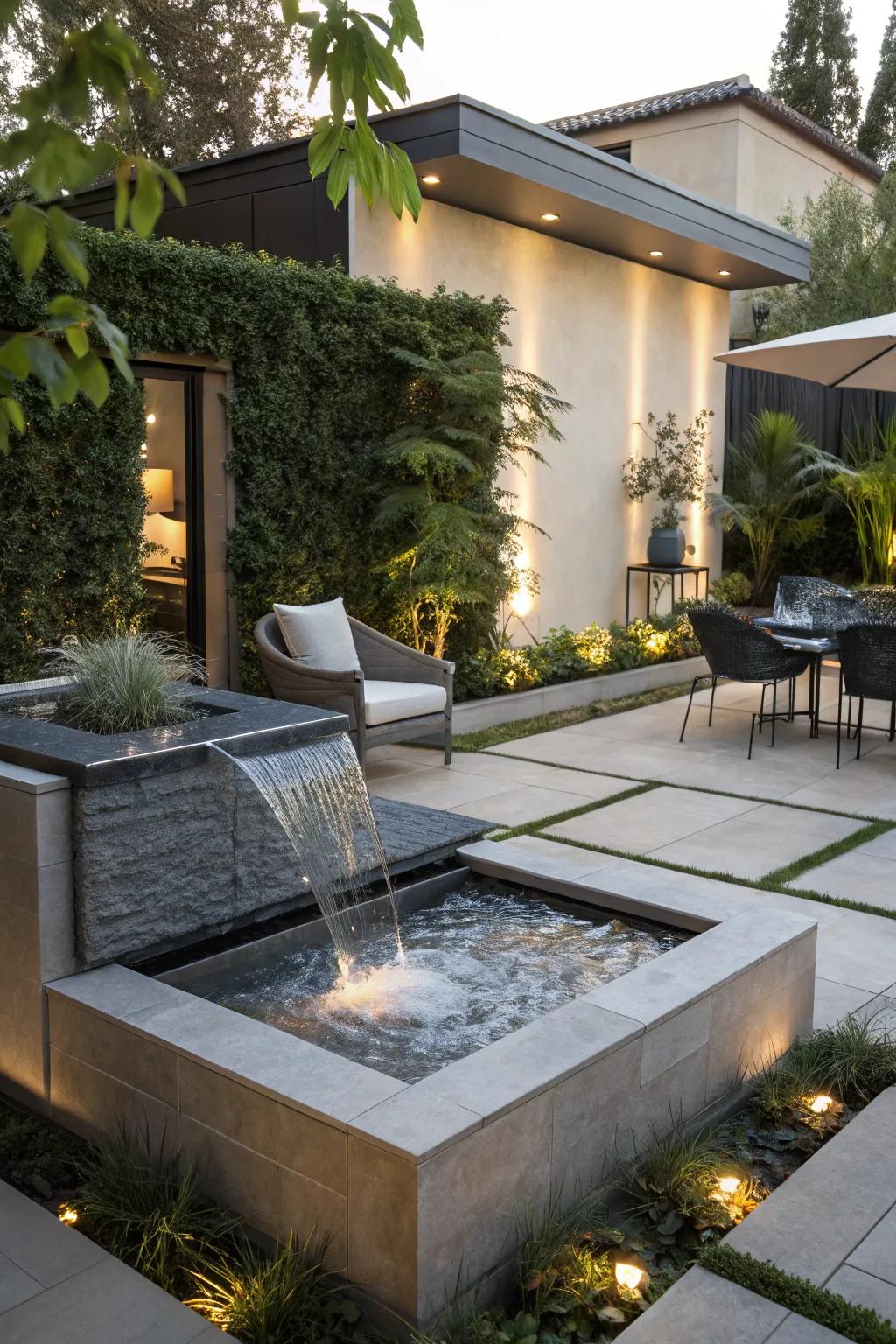 A patio enhanced by a stylish water feature.