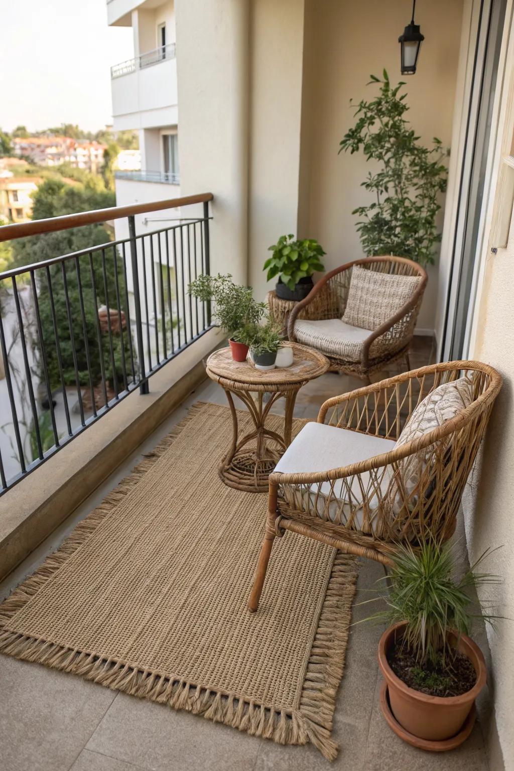 Embrace natural textures to add warmth and character to your balcony.